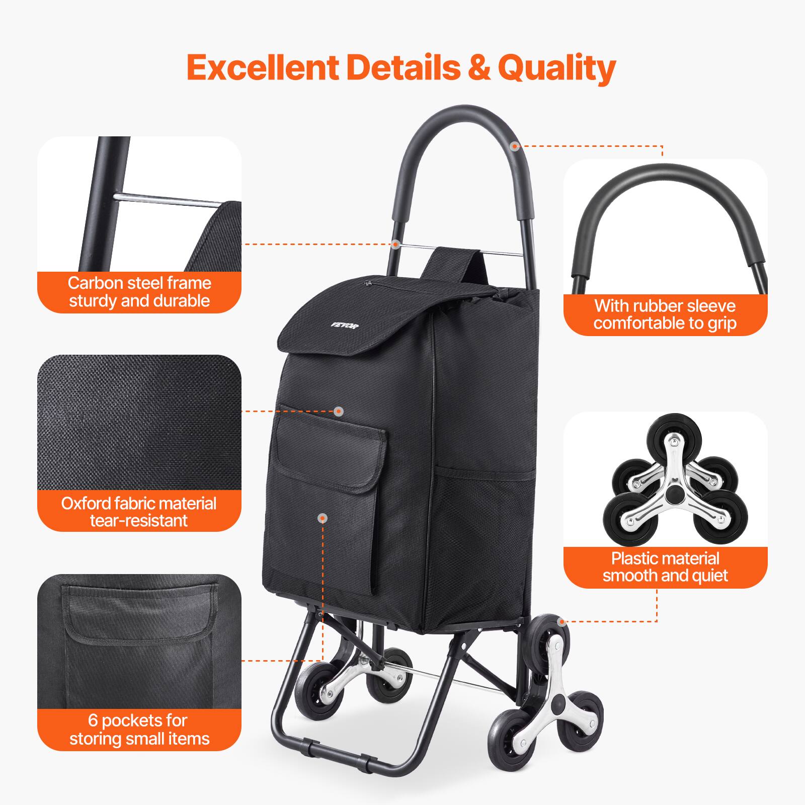 Excellent Details & Quality

- Carbon steel frame sturdy and durable
- With rubber sleeve comfortable to grip
- Oxford fabric material tear-resistant
- Plastic material smooth and quiet
- 6 pockets for storing small items