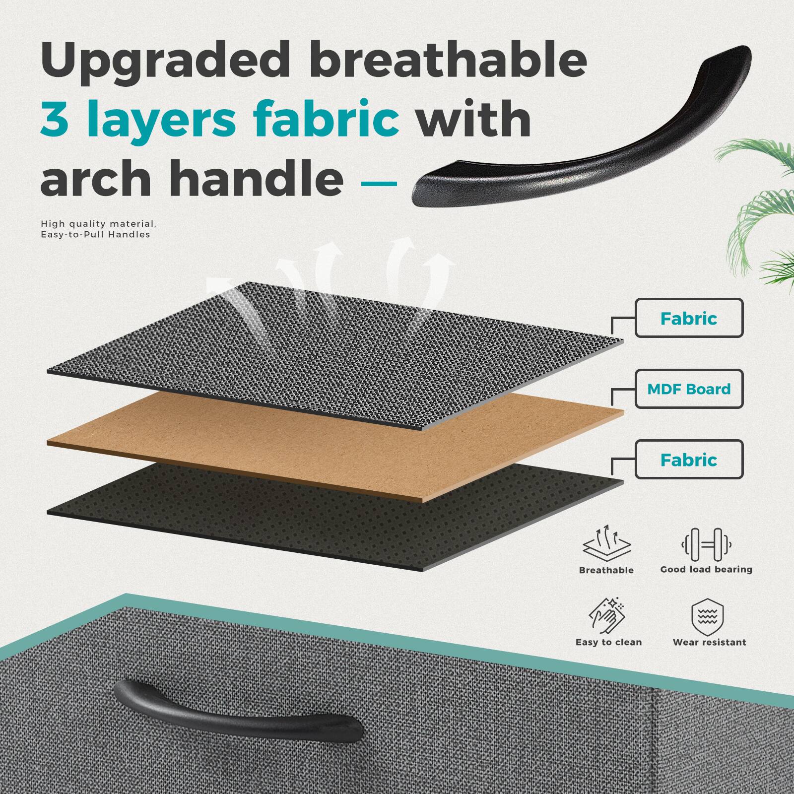Upgraded breathable 3 layers fabric with arch handle - High quality material. Easy-to-pull handles. Fabric MDF board. Fabric breathable. Good load bearing. Easy to clean. Wear resistant.