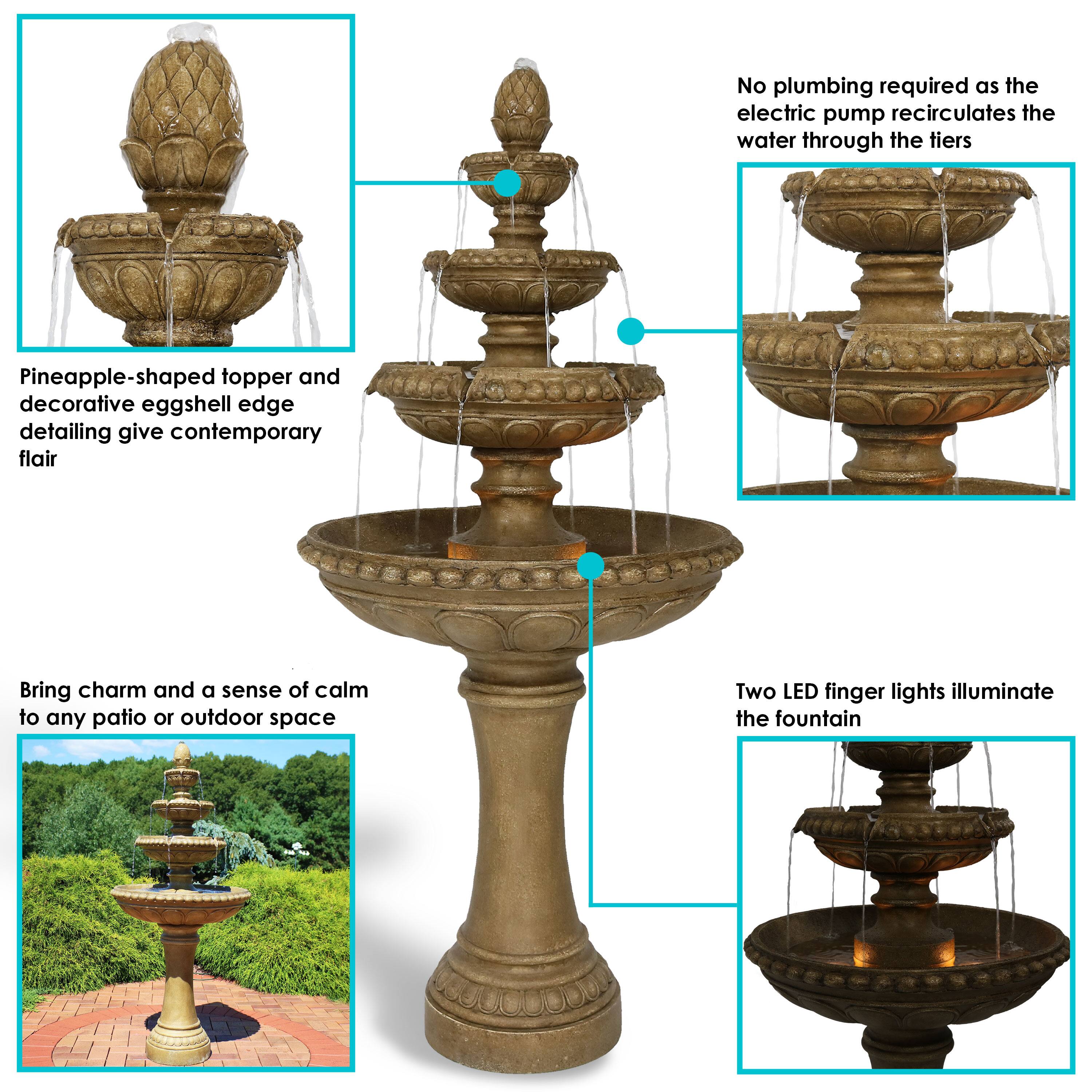 - No plumbing required as the electric pump recirculates the water through the tiers.
- Pineapple-shaped topper and decorative eggshell edge detailing give contemporary flair.
- Two LED finger lights illuminate the fountain.
- Bring charm and a sense of calm to any patio or outdoor space.