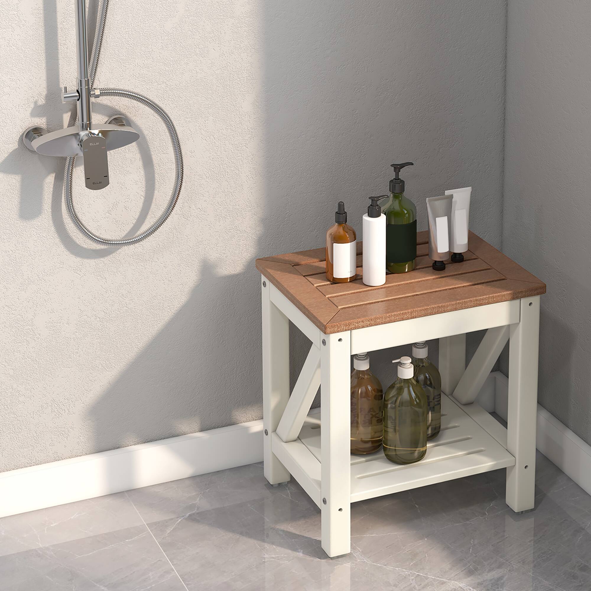 Alt View 2. Costway - Costway 2-Tier Heavy Duty Waterproof HDPE Shower Bench Stool with Bottom Storage Shelf - Brown + White.