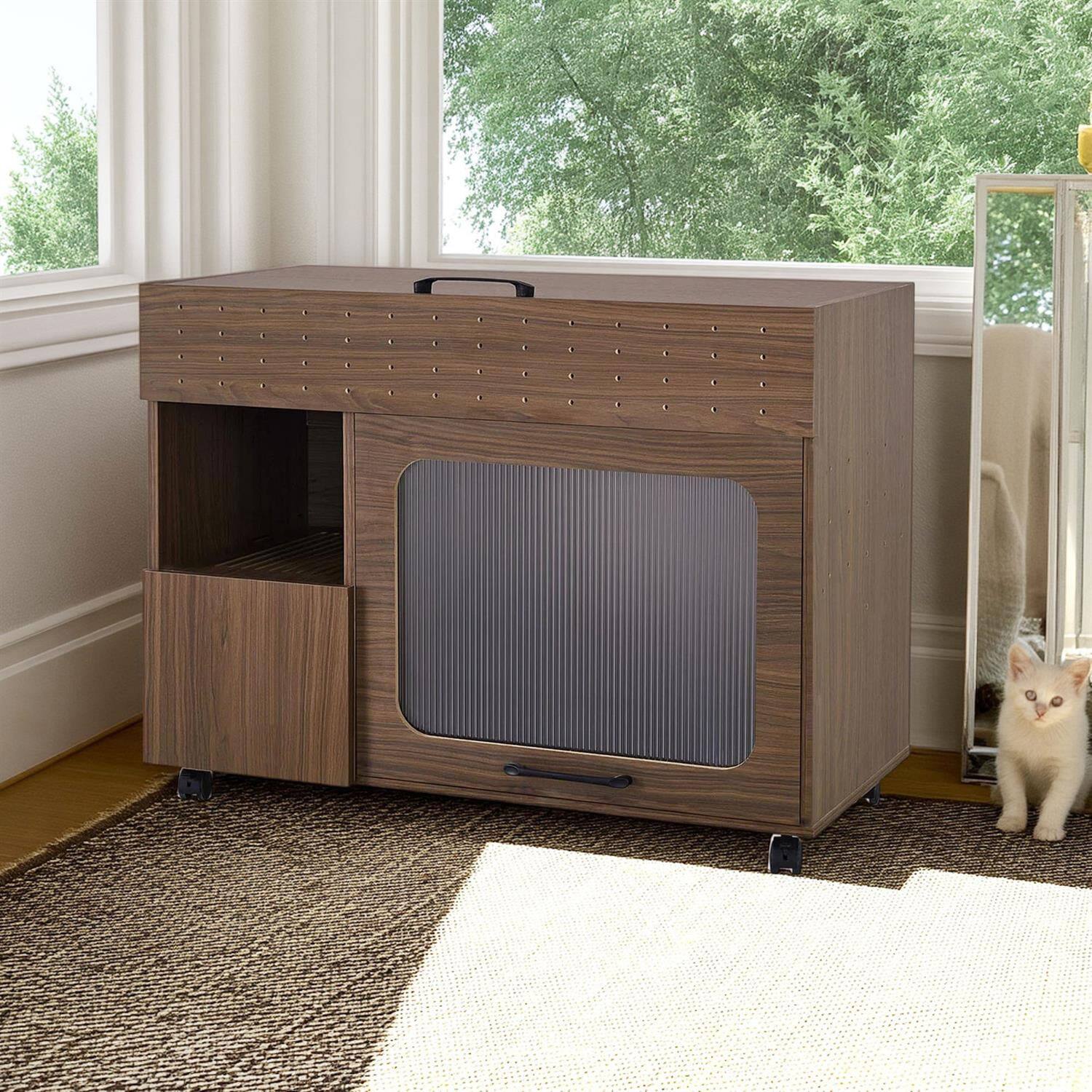 Front. Pefilos - 35" Multi-Purpose Cat Litter Box Enclosure with Storage, Modern Walnut Multi-Functional Cat House for Indoor Cats.