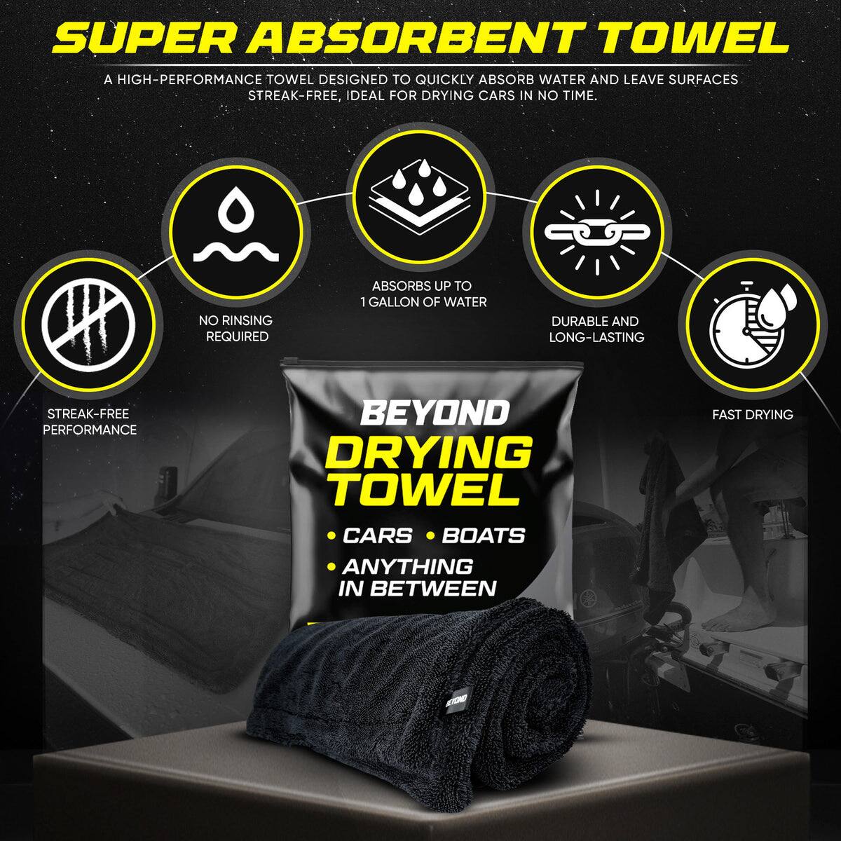 SUPER ABSORBENT TOWEL  
A HIGH-PERFORMANCE TOWEL DESIGNED TO QUICKLY ABSORB WATER AND LEAVE SURFACES STREAK-FREE, IDEAL FOR DRYING CARS IN NO TIME.  
NO RINSING REQUIRED  
ABSORBS UP TO 1 GALLON OF WATER  
DURABLE AND LONG-LASTING  
STREAK-FREE PERFORMANCE  
BEYOND DRYING TOWEL  
CARS  
BOATS  
ANYTHING IN BETWEEN  
FAST DRYING