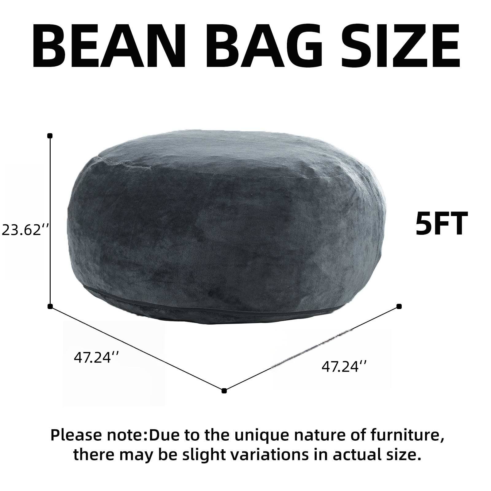 BEAN BAG SIZE  
23.62" x 5FT x 47.24" x 47.24"  

Please note: Due to the unique nature of furniture, there may be slight variations in actual size.