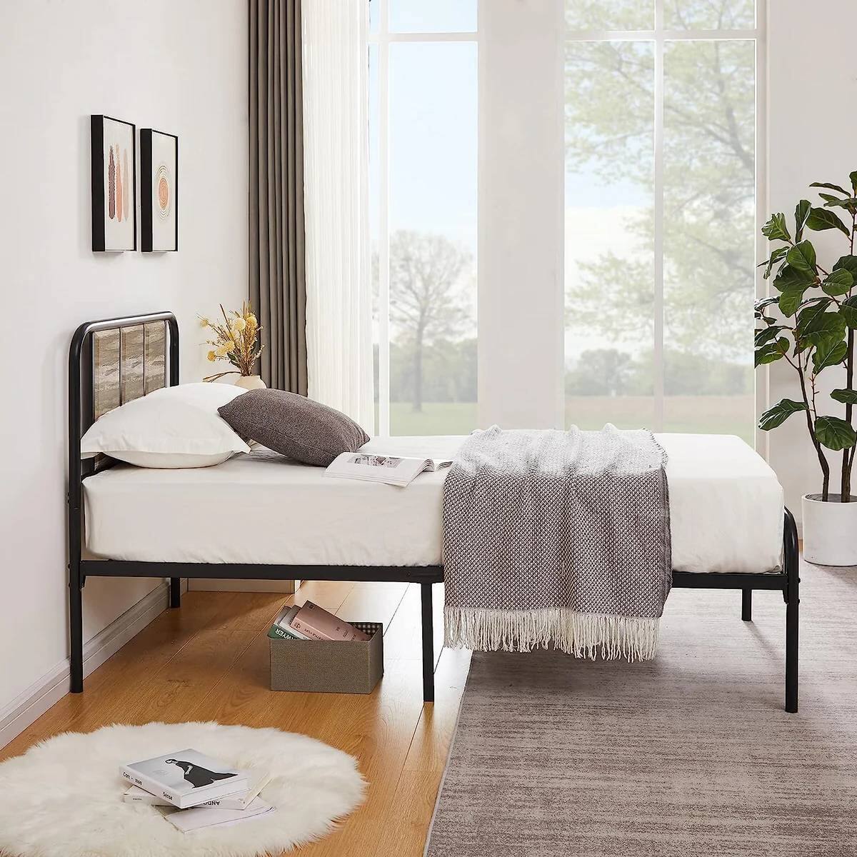 Left. Hivvago - Hivvago Twin Size Wood Metal Platform Bed Frame with Rounded Headboard Footboard - Grey.