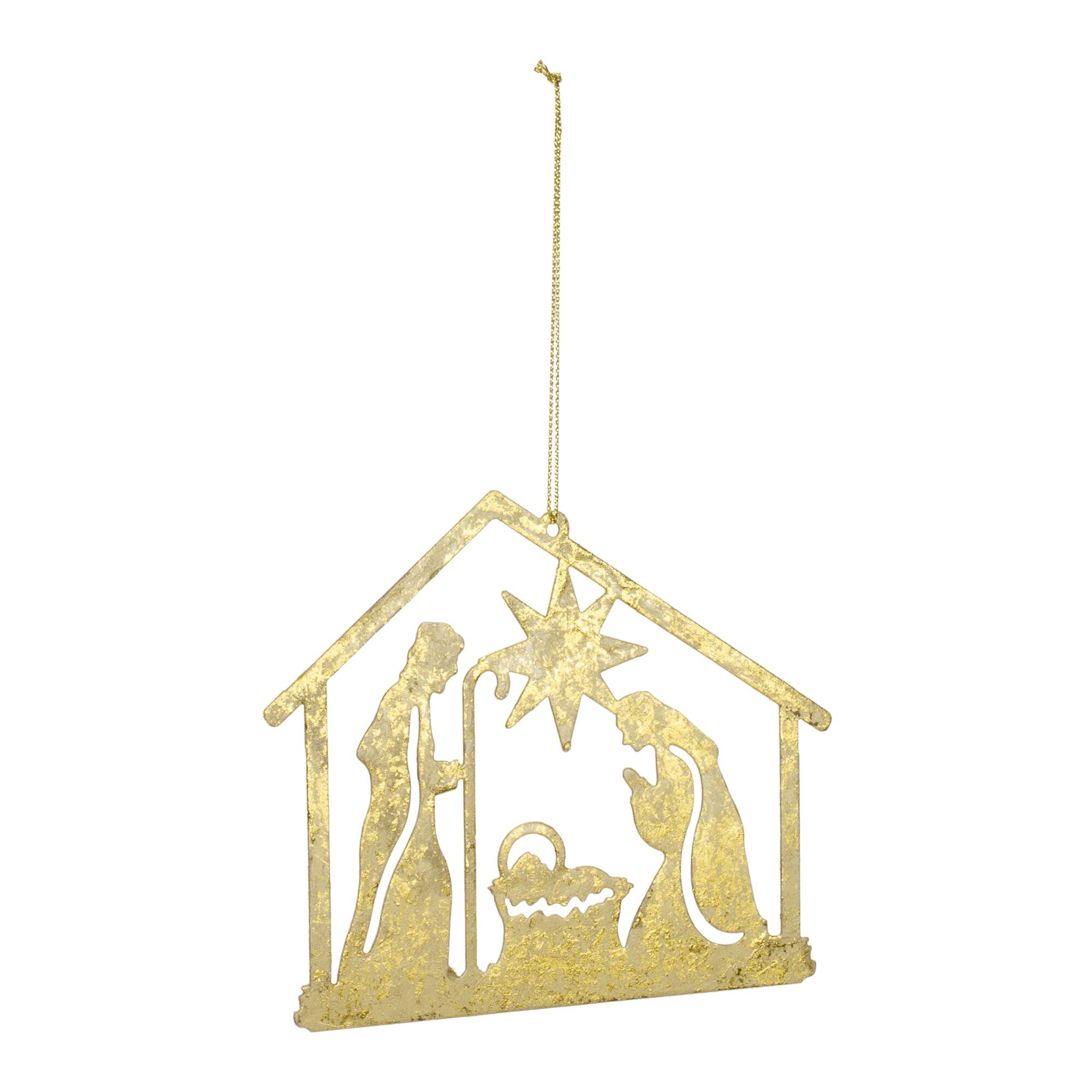 Left. BreeBe - Metal Holy Family Cut Out Ornament (Set of 12) - Gold.