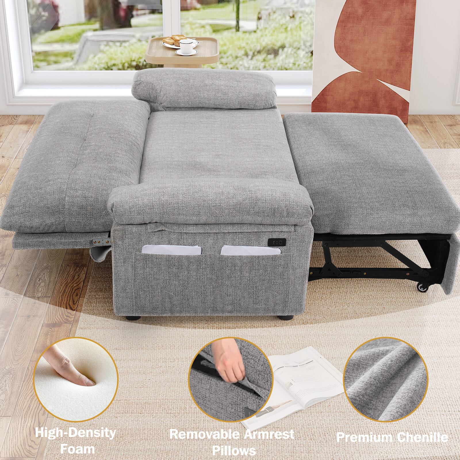 Back. Dyonery - Dyonery 58-inch convertible sofa bed with side pockets, adjustable backrest, tool-free assembly - Grey.