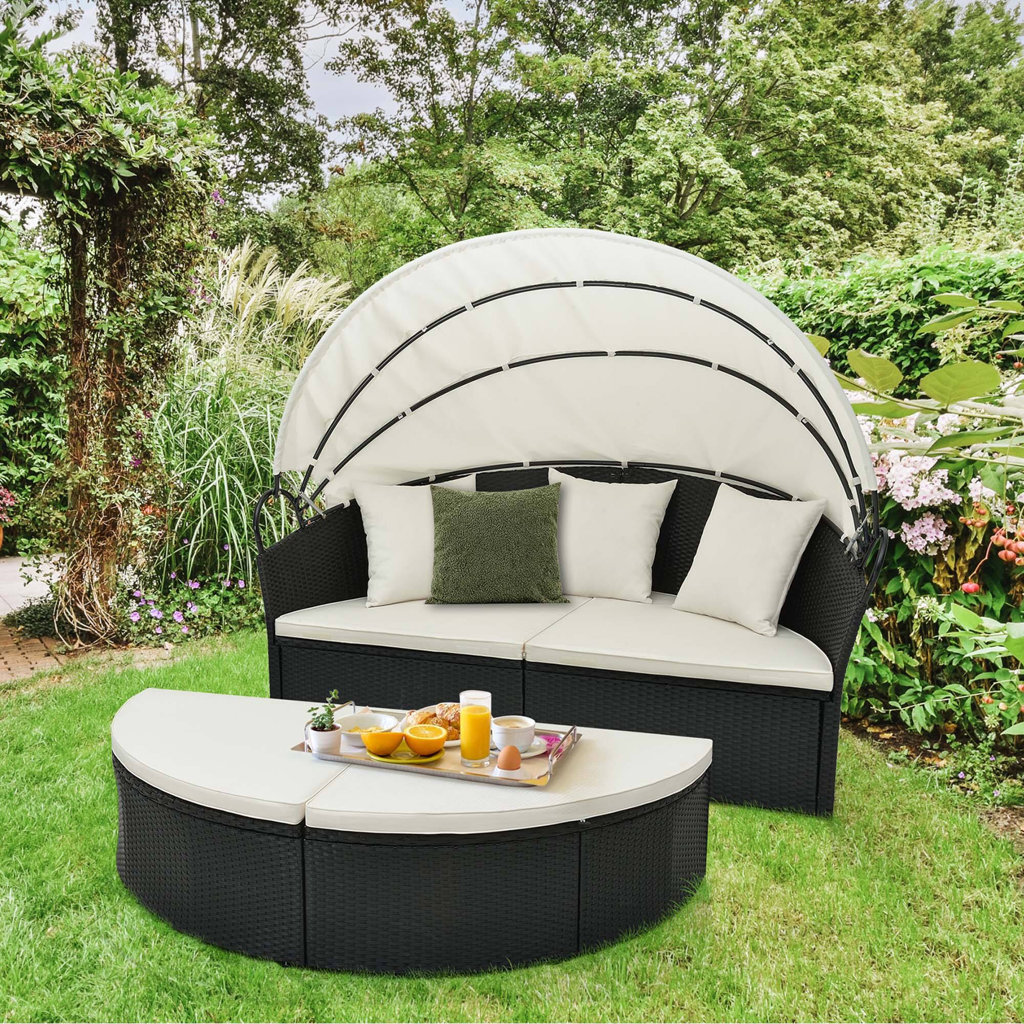Alt View 1. Costway - Patio Round Daybed with Retractable Canopy Rattan Sectional Seating - Off White.