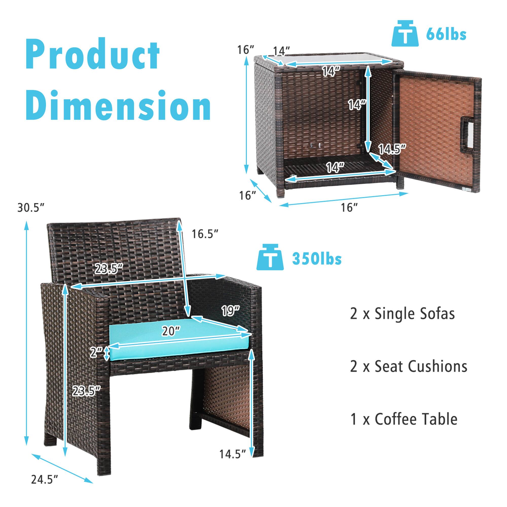 Product Dimension

- 16" x 14" x 14" x 14" x 14.5" x 16" x 16" x 16.5" x 23.5" x 30.5" x 24.5"
- 66lbs
- 350lbs

2 x Single Sofas  
2 x Seat Cushions  
1 x Coffee Table