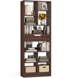 Aheaplus - 6-Tier Bookshelf with Drawer, 73.6'' Tall Cube Bookcase with 10 Open Storage Shelves - Walnut