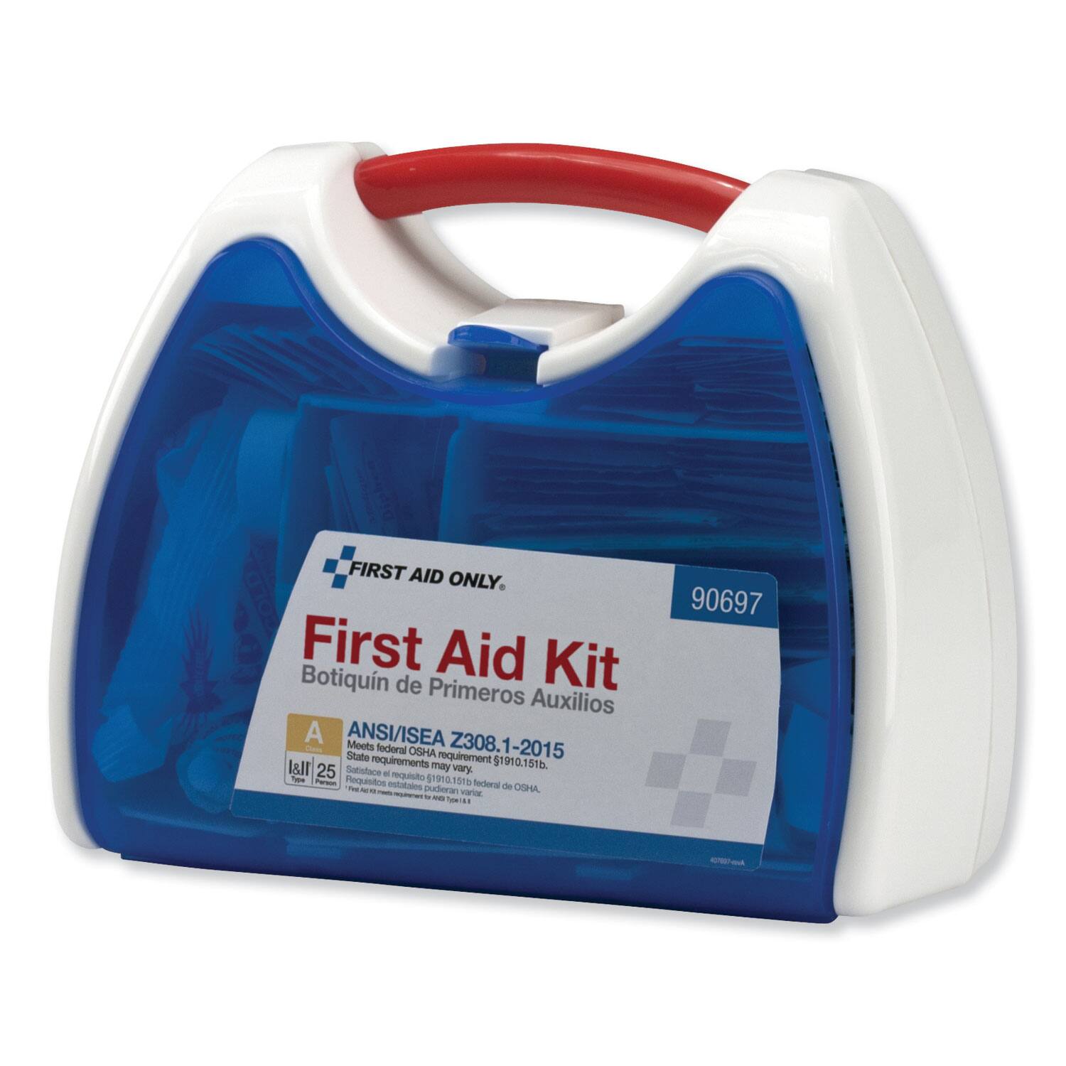 FIRST AID ONLY.  
First Aid Kit  
Botiquín de Primeros Auxilios  
ANSI/ISEA Z308.1-2015  
Meets federal OSHA requirement  
State requirements may vary  
51090.151b.  
25 Satisfies - requisto -e Prae Requstos  
1 1910151 51 .  
notataios pudieran tedoral de OSHA  
90697
