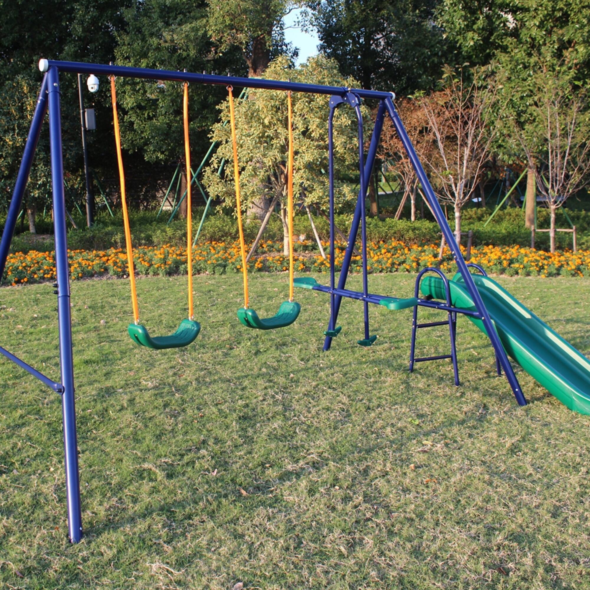 Left. ELEMENT ACE - A-Frame Metal Swing Set with Slide for Backyard Playground - Durable Steel Construction.