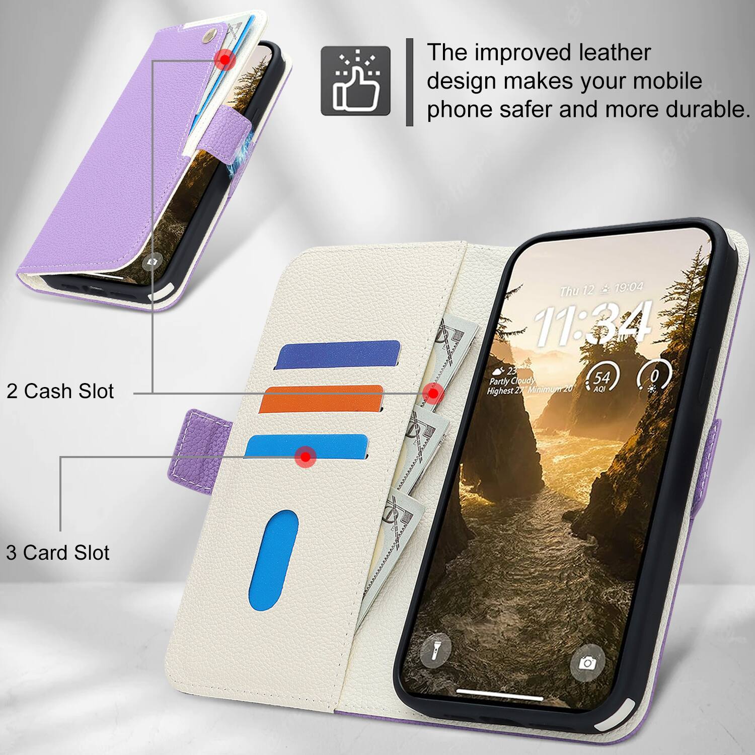 The improved leather design makes your mobile phone safer and more durable.  
2 Cash Slot  
Thu 12 & 19:04  
11:34  
23 Partly Cloudy  
54 O  
Highest 27  
Minimum 20  
IDA  
3 Card Slot