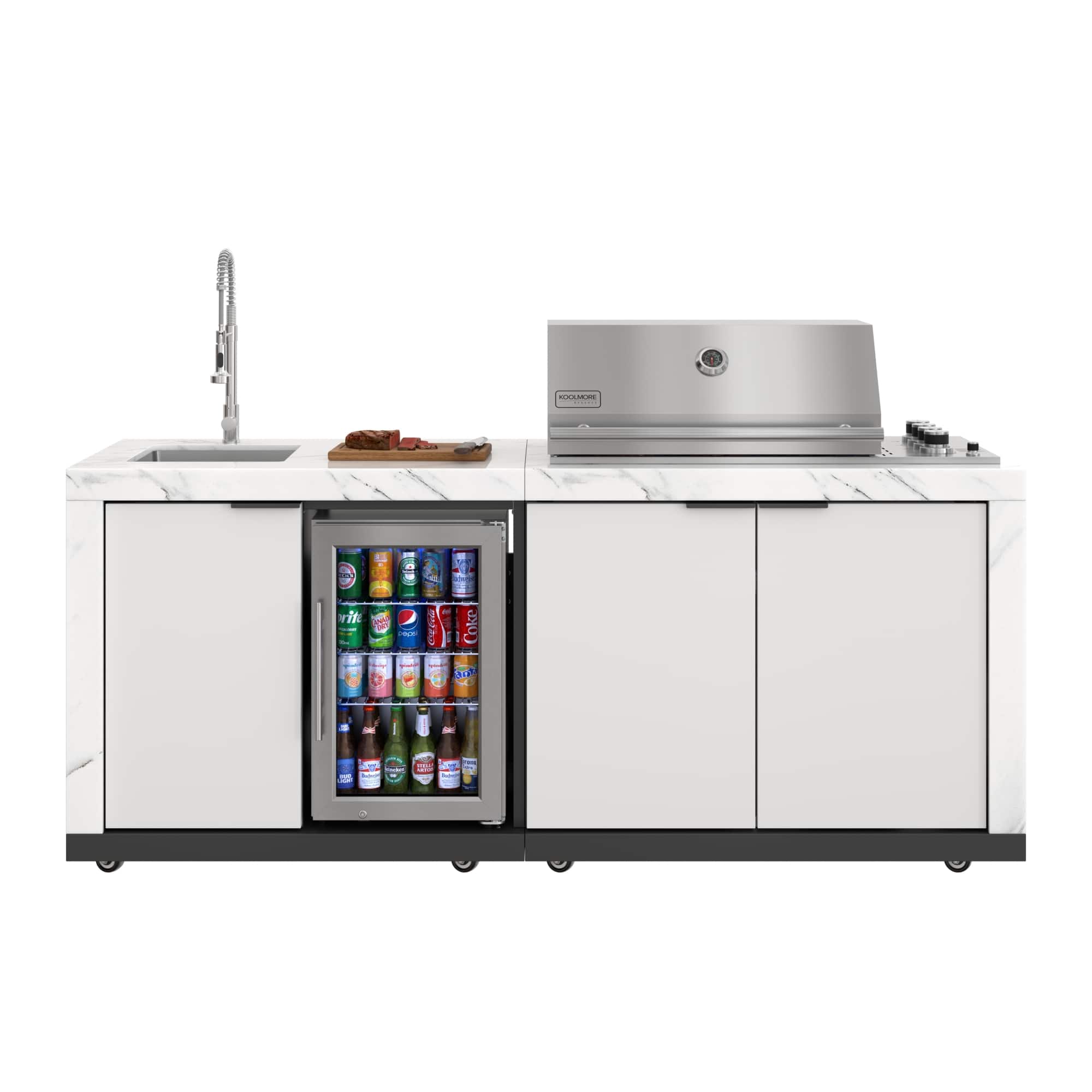 Koolmore - Outdoor Kitchen Suite With Rock Beam Countertop, 4 Burner Grill, Refrigerator, Cabinet and Stainless Steel Sink - White