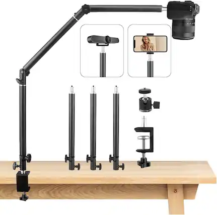 Front. Schertz - Heavy Duty Overhead Camera Desk Mount 14.5"-41" – 3-Section 360° Rotatable Boom Arm with C Clamp for Streaming & Vloggin.