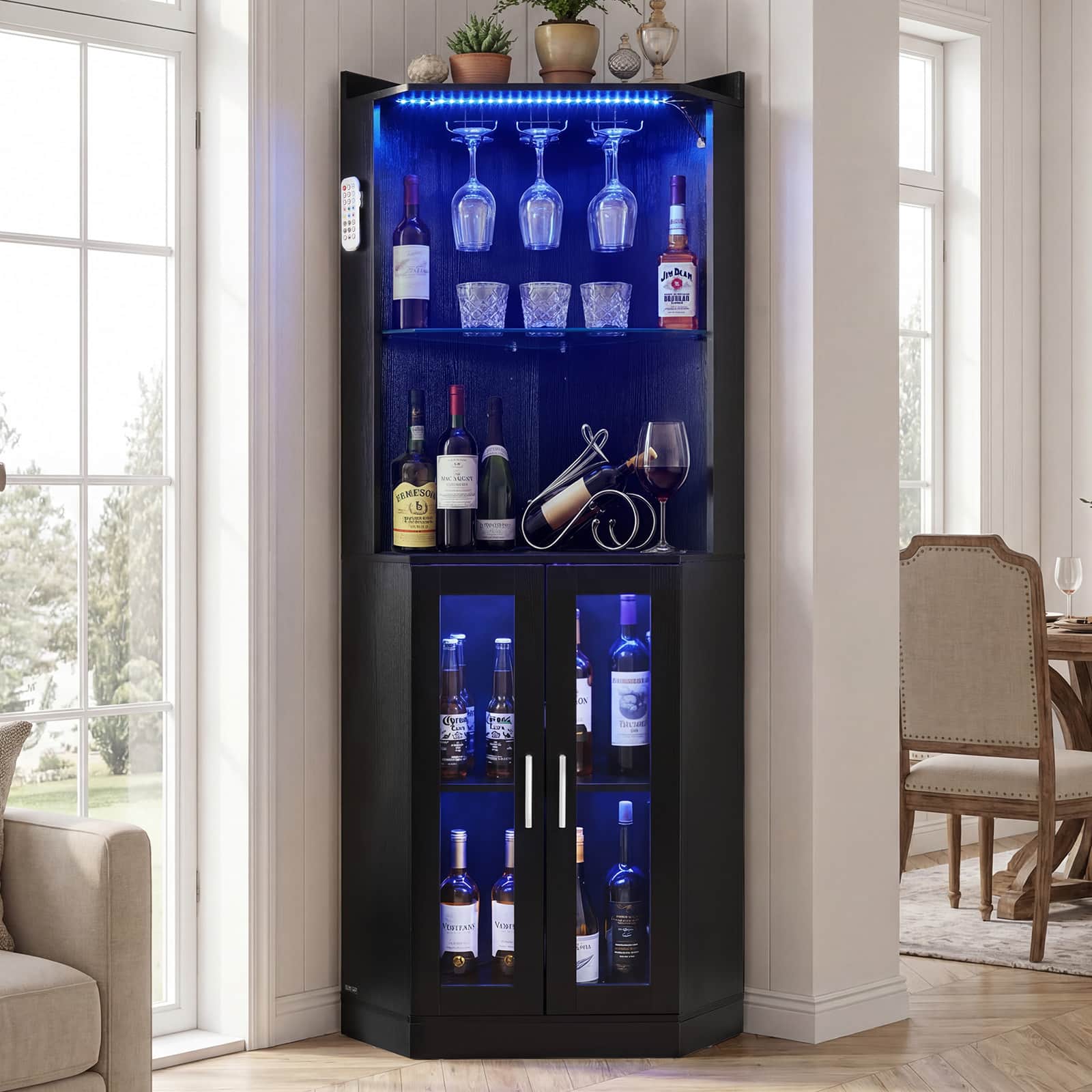 VEVOR - Corner Wine Cabinet,Bar Cabinet with Ample Storage, Modern Buffet Sideboard with Glass Holder, Adjustable LED Brightness - Black Wood Grain