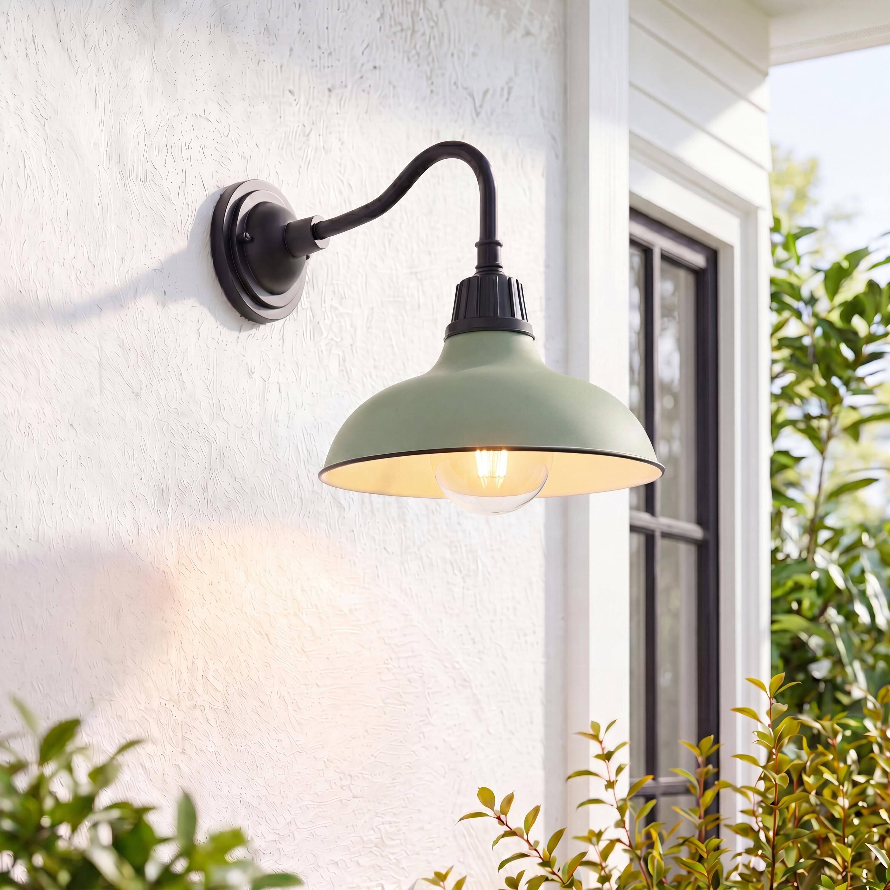 Alt View 1. Jonathan Y - Aurora 12.25" 1-Light Farmhouse Industrial Indoor/Outdoor Iron LED Gooseneck Arm Outdoor Sconce, Matte Olive Green - Matte Olive Green/Black.