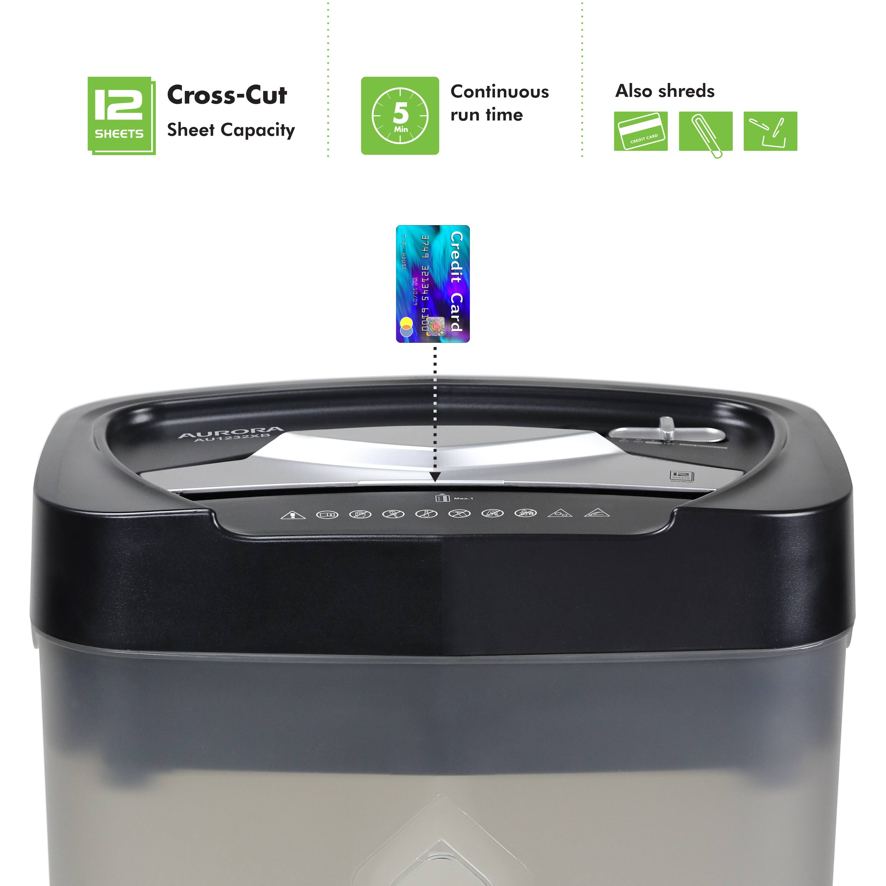 Cross-Cut 12 SHEETS Sheet Capacity 5 Min Continuous run time Also shreds - - - | 3749 MLr 7SNET I Credit Card AURORA AU1822RN - 1 I KIN