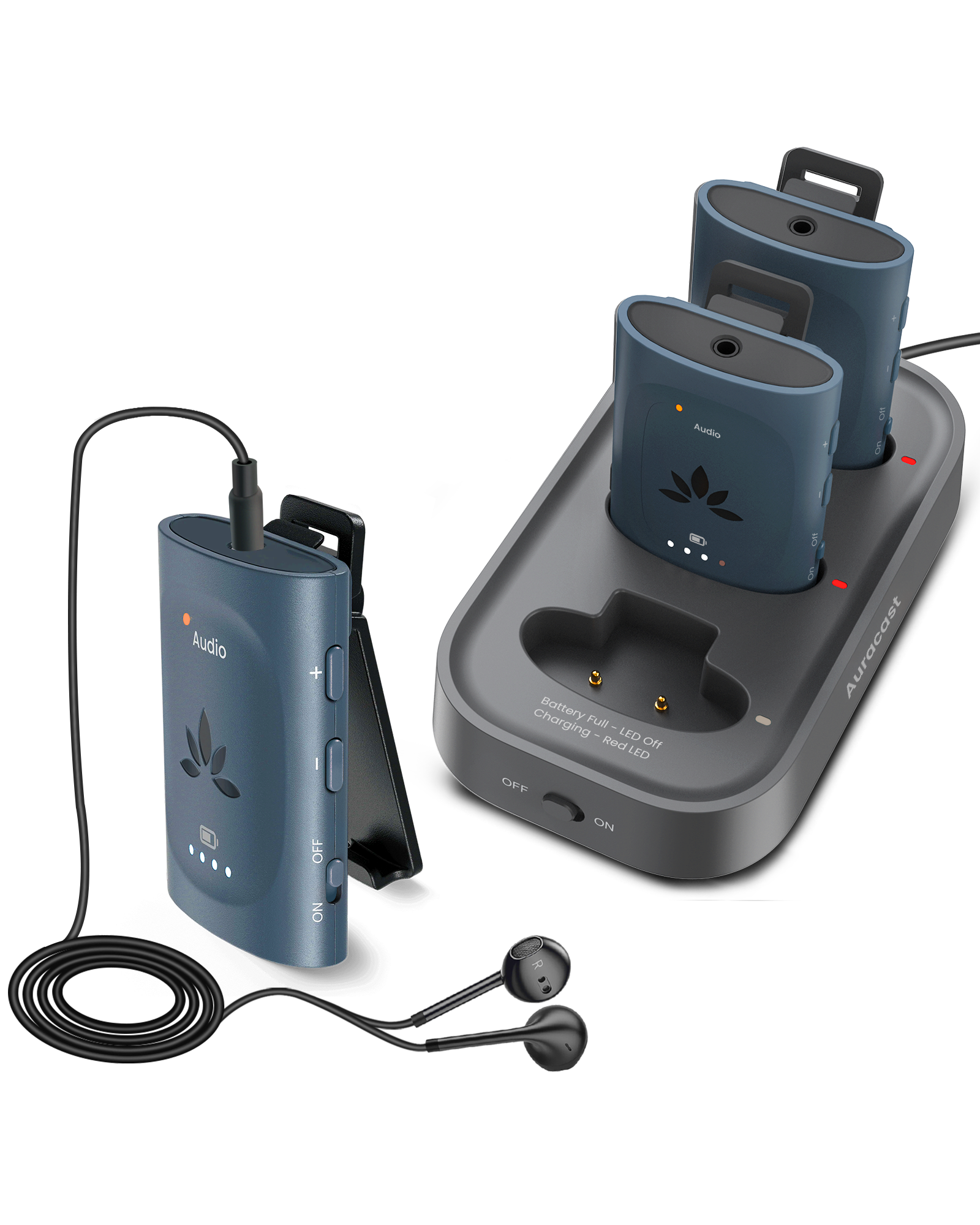 - Audio
- PPCP GB
- Audio
- + OFF NO
- Charging Battery Full - Red LED Off LED OFF ON
- Auracast