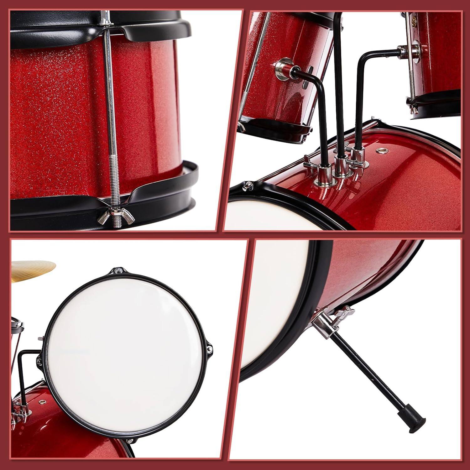 Alt View 3. Winado - 3-Piece Drum Set, 14 Inch Beginners Drums Kit with Throne Stool, Pedal & 2 Pairs of Drumsticks, Junior Drums Set Musical - RED.