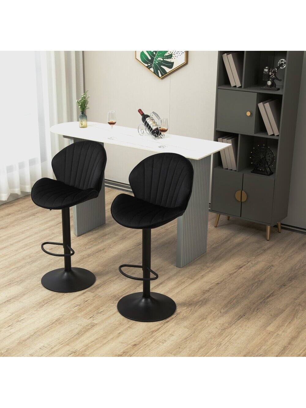 Back. Trinkets Crazed - Adjustable Swivel Gold Bar Stools Set Of 2, Counter Height With Backs, Velvet Island Chairs For Kitchen Home Decor - Black.