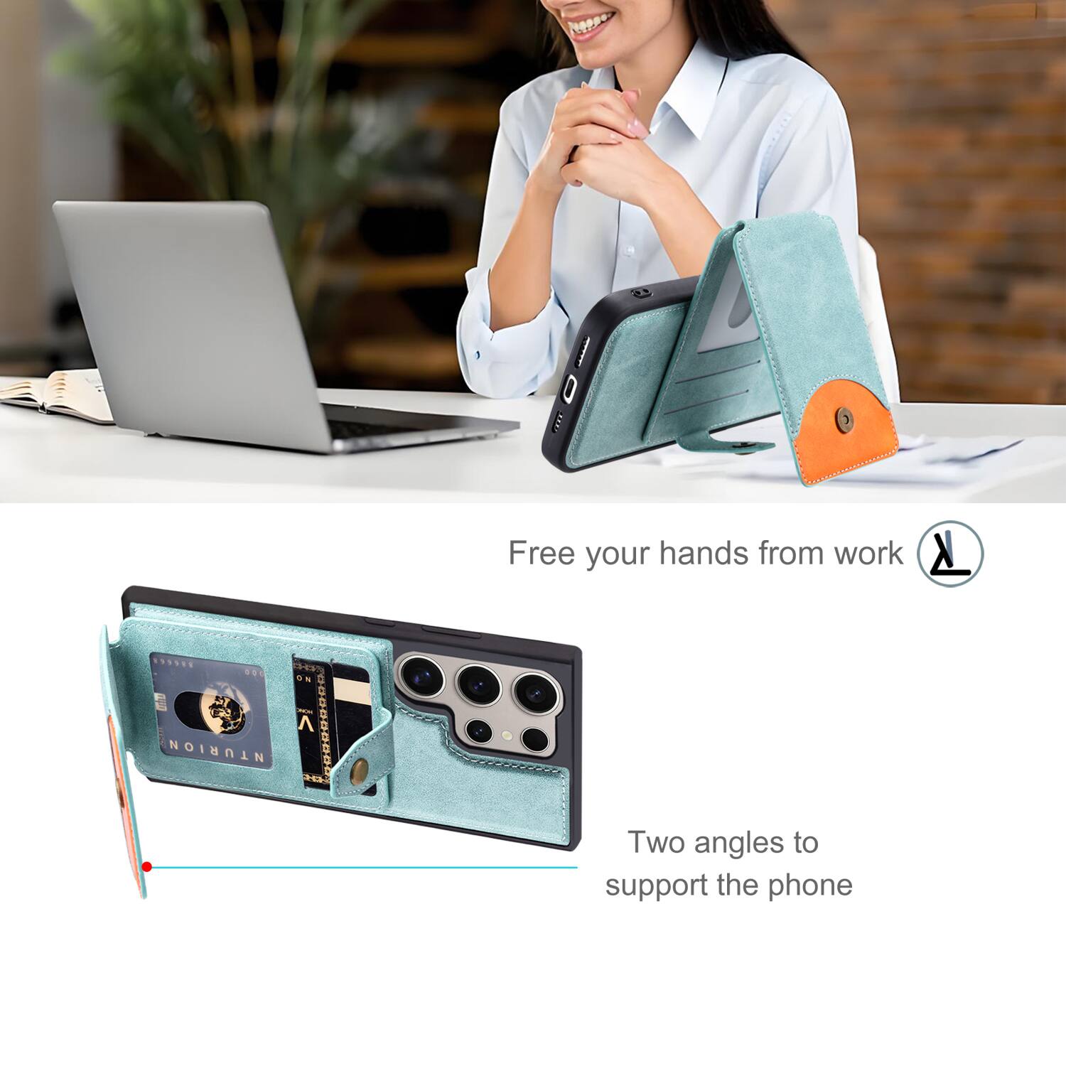 Free your hands from work.  
Two angles to support the phone