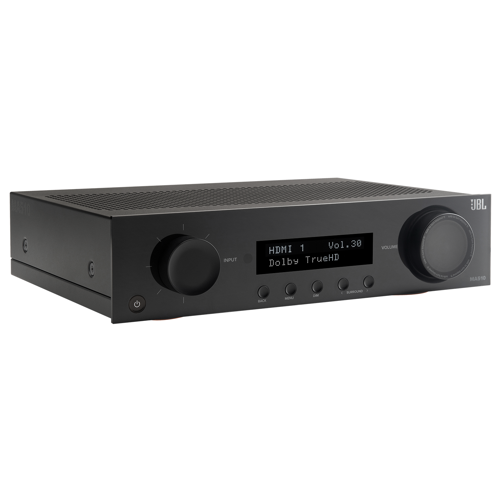 The text on the image reads: "BAS10 UBL i i INPUT Vol.30 30 HDMI 1 Dolby TrueHD SURROUND - LARGE DALE VOLUME."