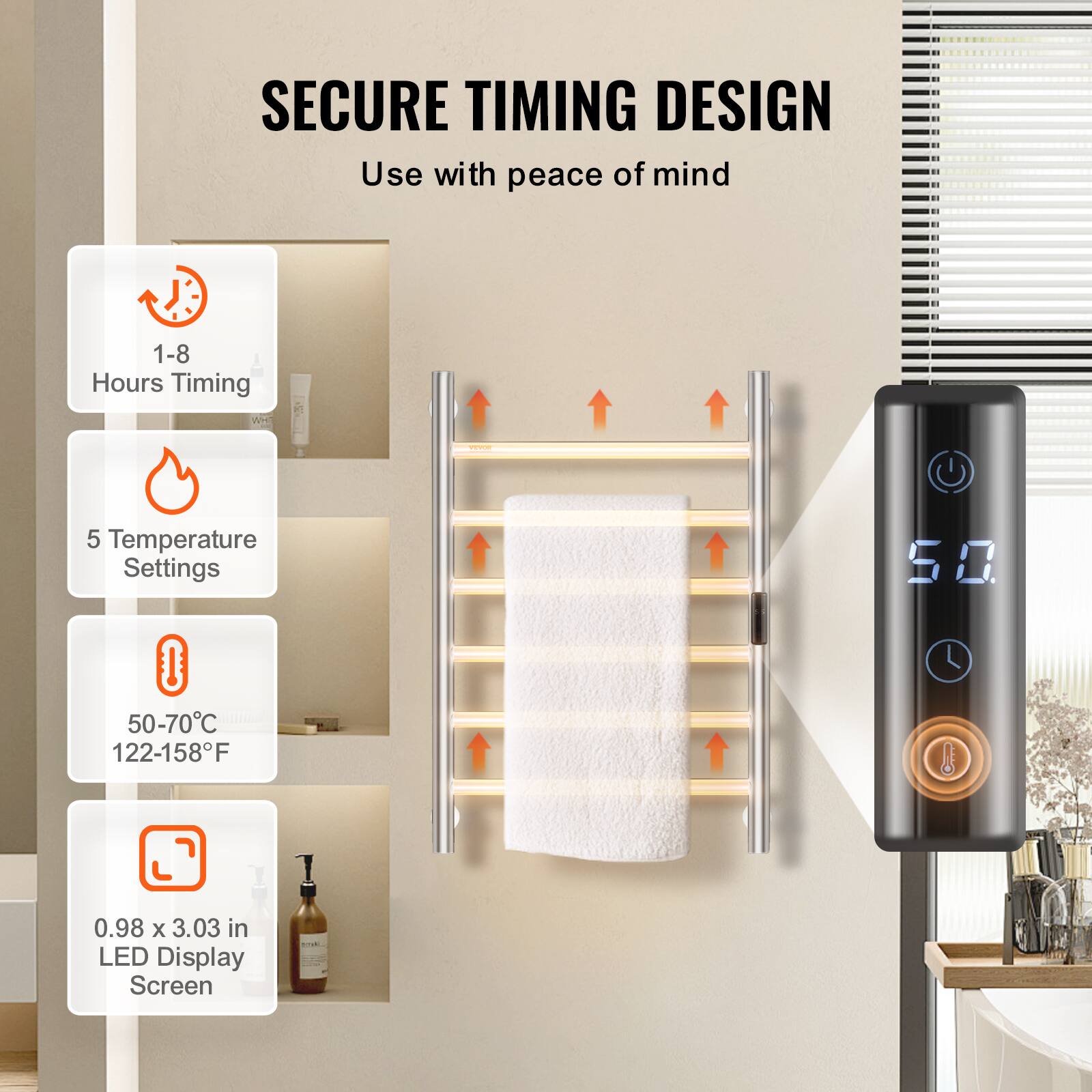 SECURE TIMING DESIGN  
Use with peace of mind  

1-8 Hours Timing  
5 Temperature Settings  
50-70°C / 122-158°F  
0.98 x 3.03 in LED Display Screen