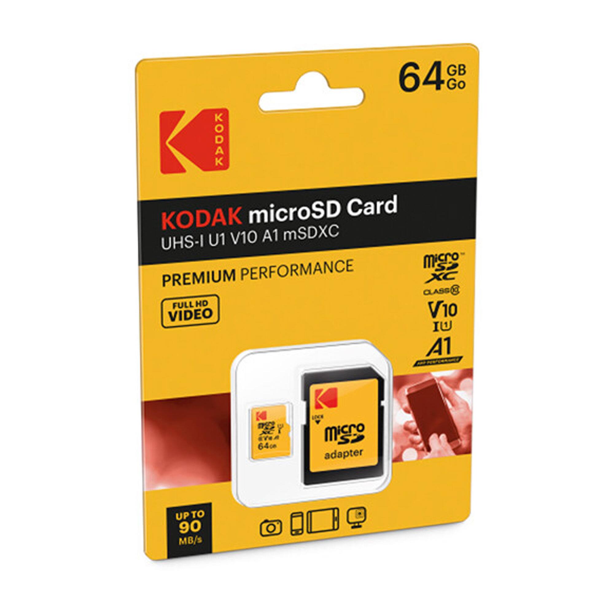 GB 64 Go KODAK microSD Card KODAK U1 V10 A1 mSDXC UHS-I micro PREMIUM PERFORMANCE XC CLASS T FULL HD VIDEO V10 IU A1 K I aYe 64c0 LOCE ! S adapter UP TO 90 MB/s
