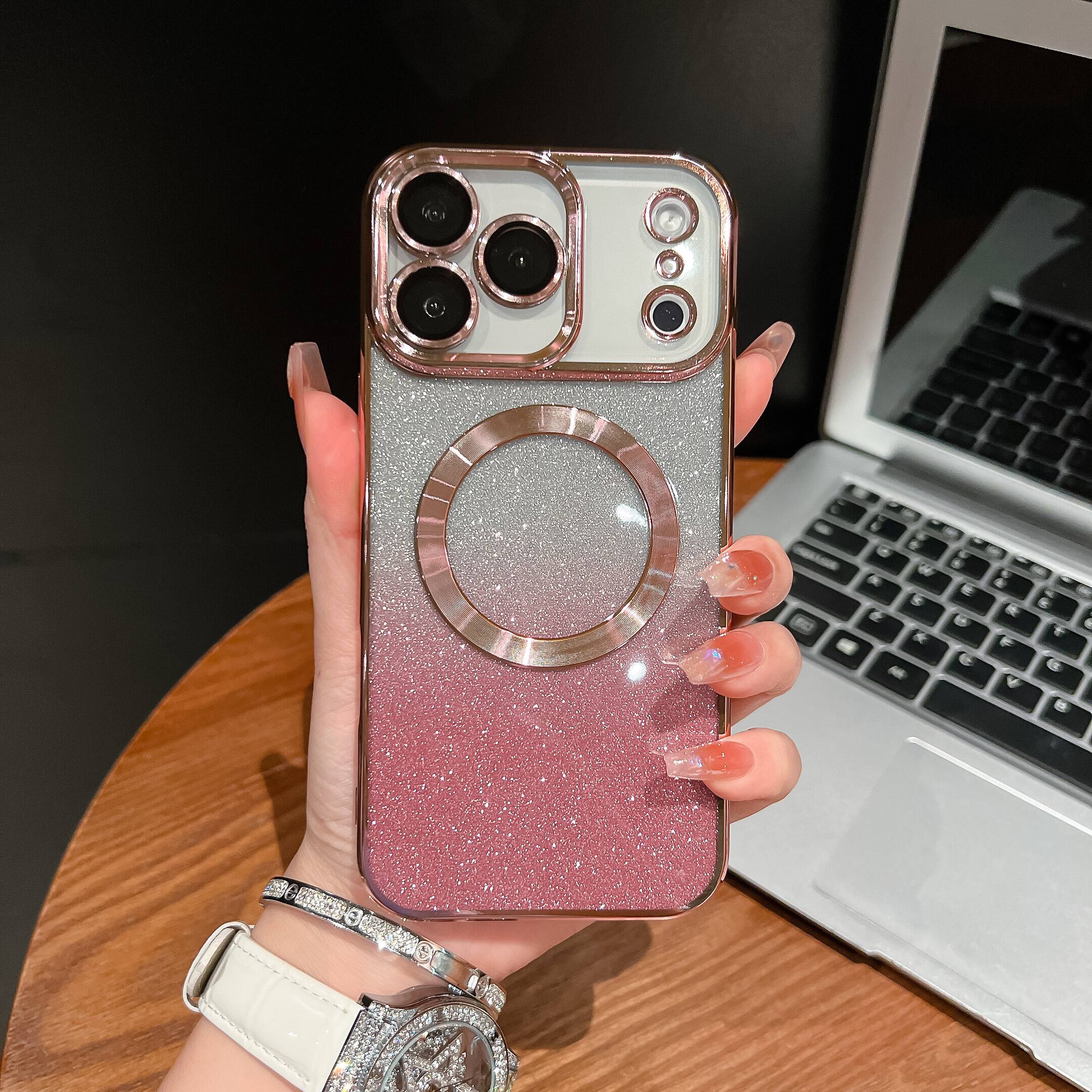 Front. UUCOVER - Magnetic Case for Apple iPhone 17 Pro with Camera Lens Cover, Compatible with MagSafe, Electroplated Glitter Soft Shell - Rosegold.
