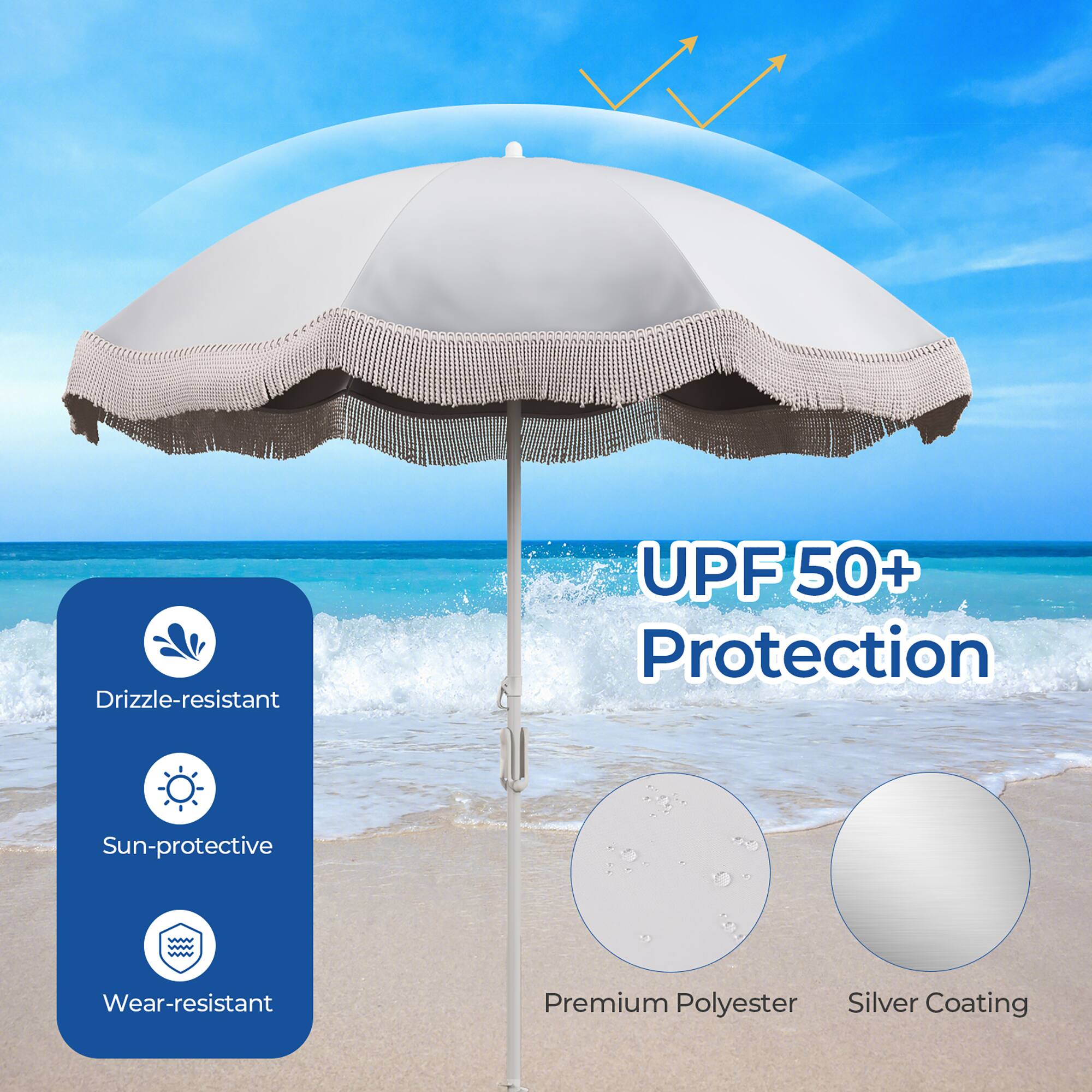- Drizzle-resistant
- Sun-protective
- Wear-resistant
- UPF 50+ Protection
- Premium Polyester
- Silver Coating
