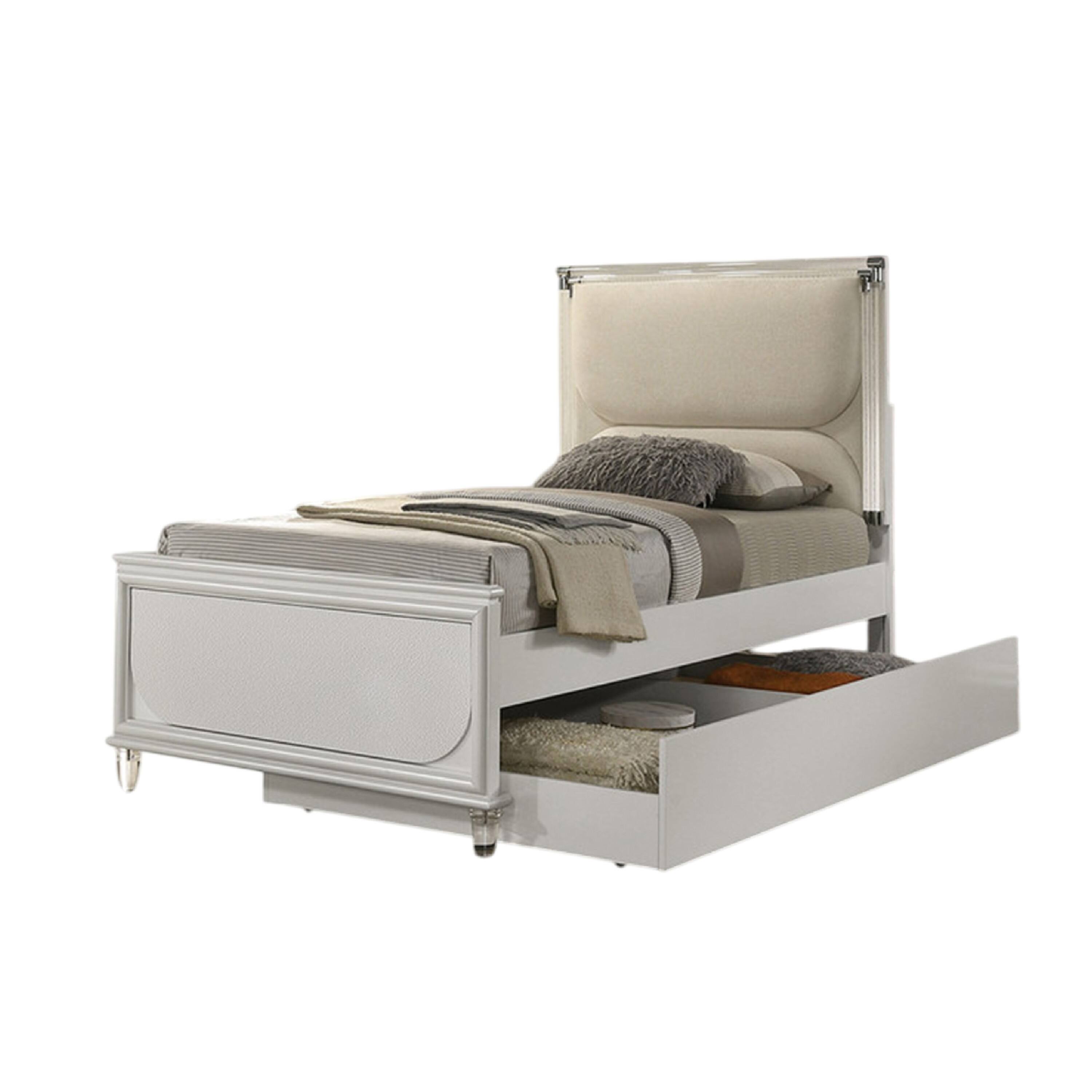 Angle. Manhattan Lane - Dima Full Bed, Upholstered Headboard w LED, Pearl White, Clear Legs - Pearl White.