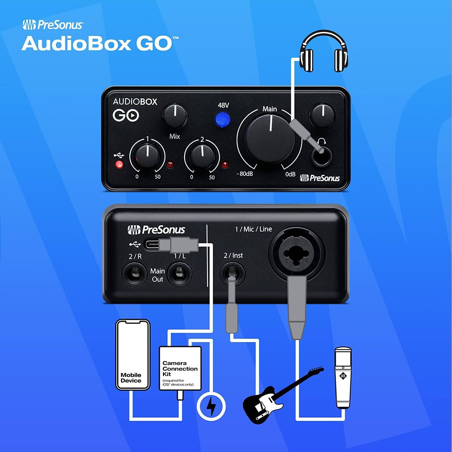 PreSonus AudioBox GO™

AUDIOBOX GO

48V
Main
Mix 1
Mix 2
-80dB
0dB

1/Mic/Line
2/R
1/L
2/Inst

Main Out

PreSonus
PreSonus

Mobile Device
Camera Connection Kit (Included for iOS devices only)