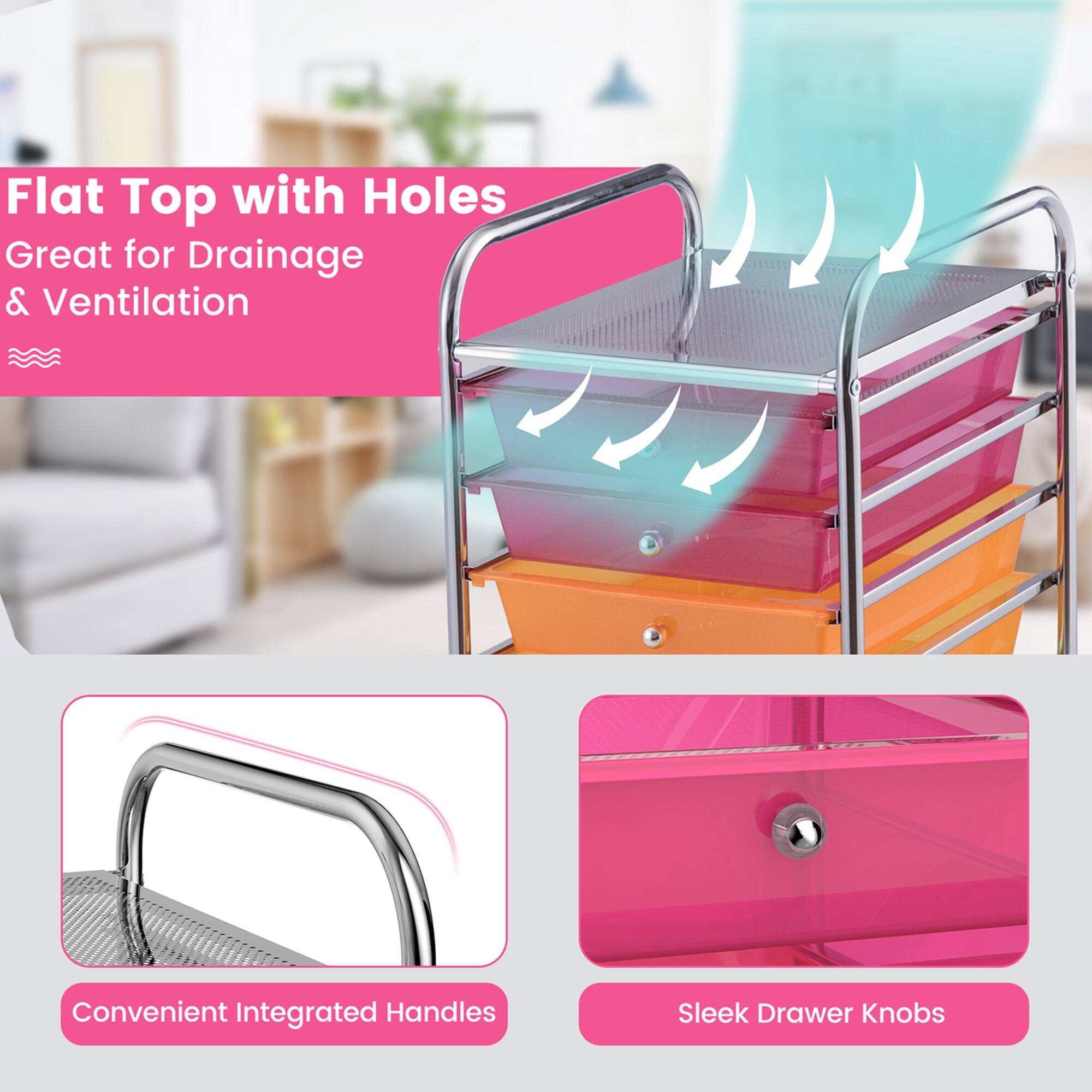 Flat Top with Holes: Great for Drainage & Ventilation. Convenient Integrated Handles. Sleek Drawer Knobs.