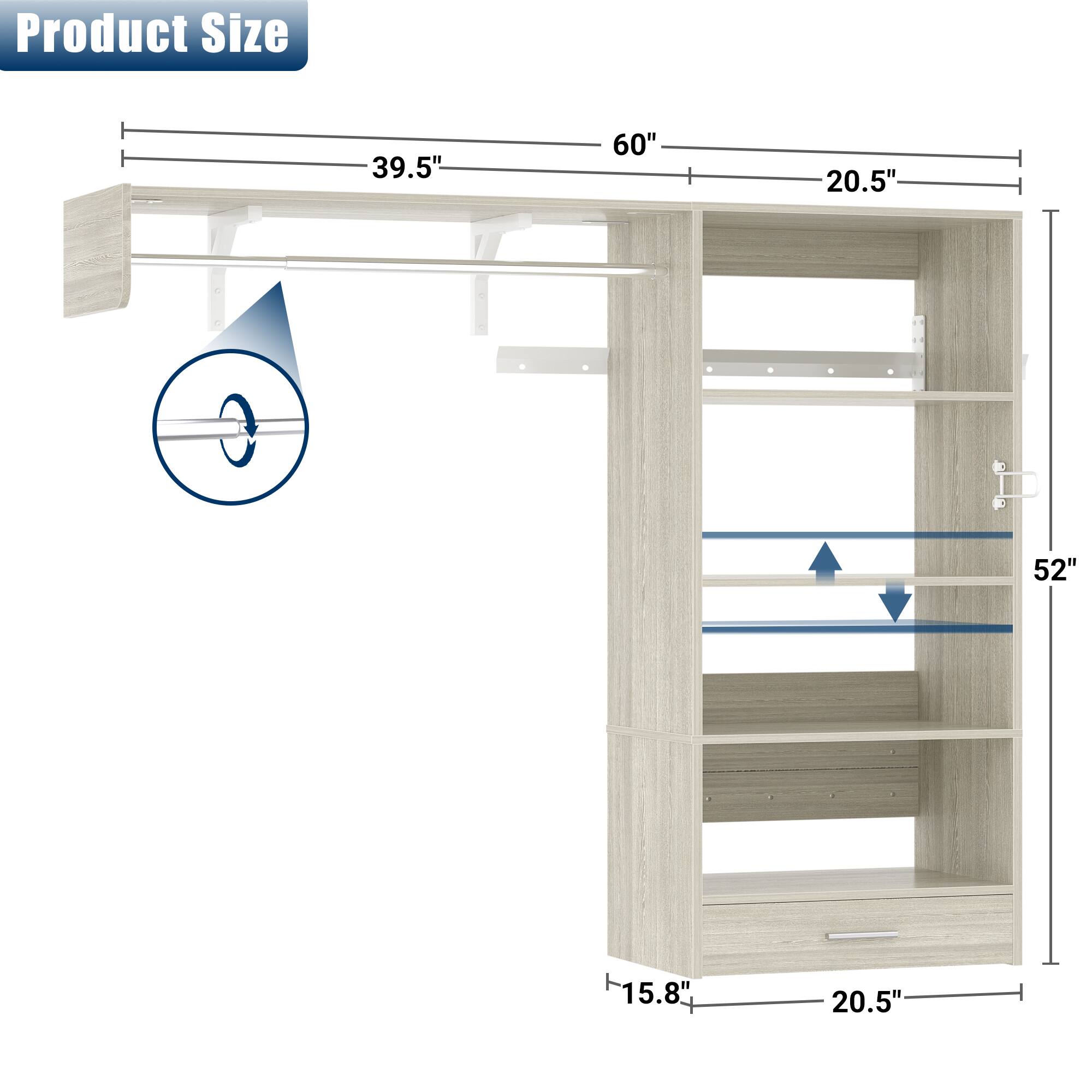 Product Size

- Width: 60"
- Depth: 20.5"
- Height: 52"
- Shelf Width: 39.5"
- Drawer Width: 20.5"
- Drawer Height: 15.8"