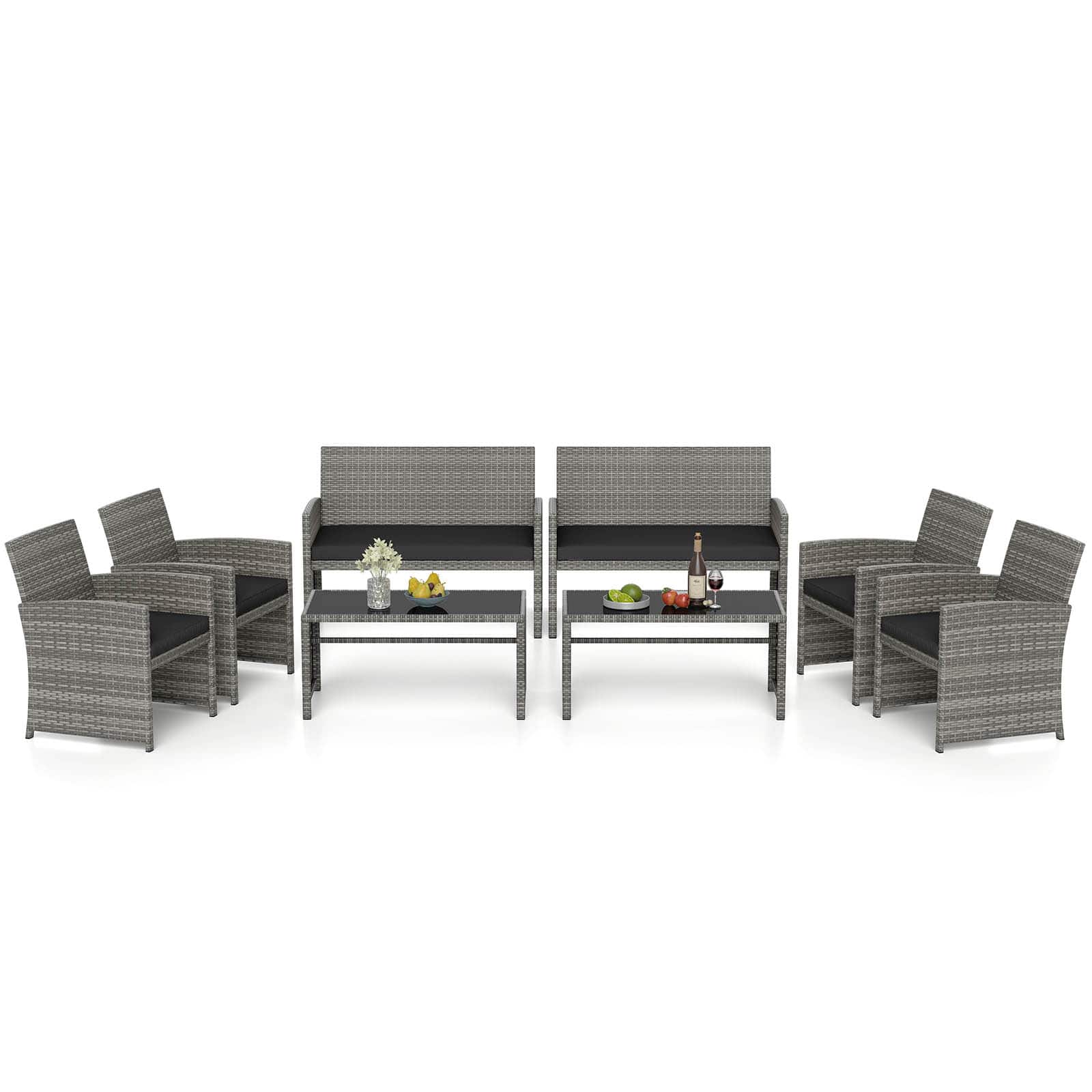 Gymax - 8 Piece Patio Furniture Set Outdoor Wicker Conversation Set w/ Tempered Glass Coffee Table - Black