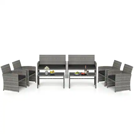 Front. Gymax - Gymax 8 Piece Patio Furniture Set Outdoor Wicker Conversation Set w/ Tempered Glass Coffee Table Black - Black.