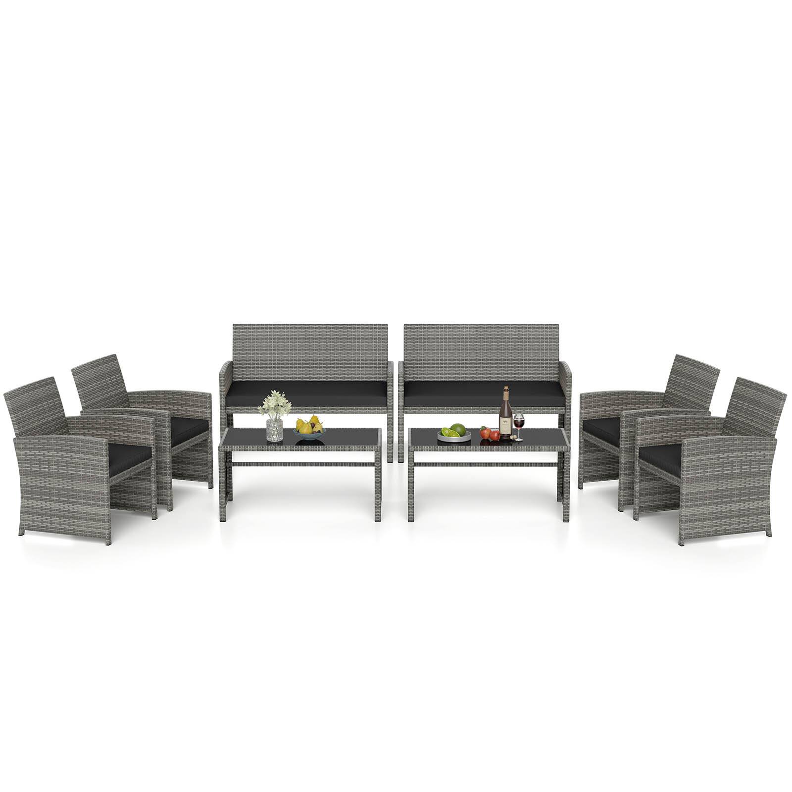 Gymax - 8 Piece Patio Furniture Set Outdoor Wicker Conversation Set w/ Tempered Glass Coffee Table - Black