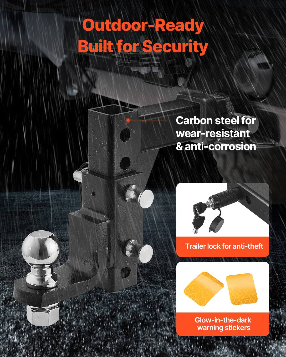Outdoor-Ready  
Built for Security  

Carbon steel for wear-resistant & anti-corrosion  

Trailer lock for anti-theft  

Glow-in-the-dark warning stickers