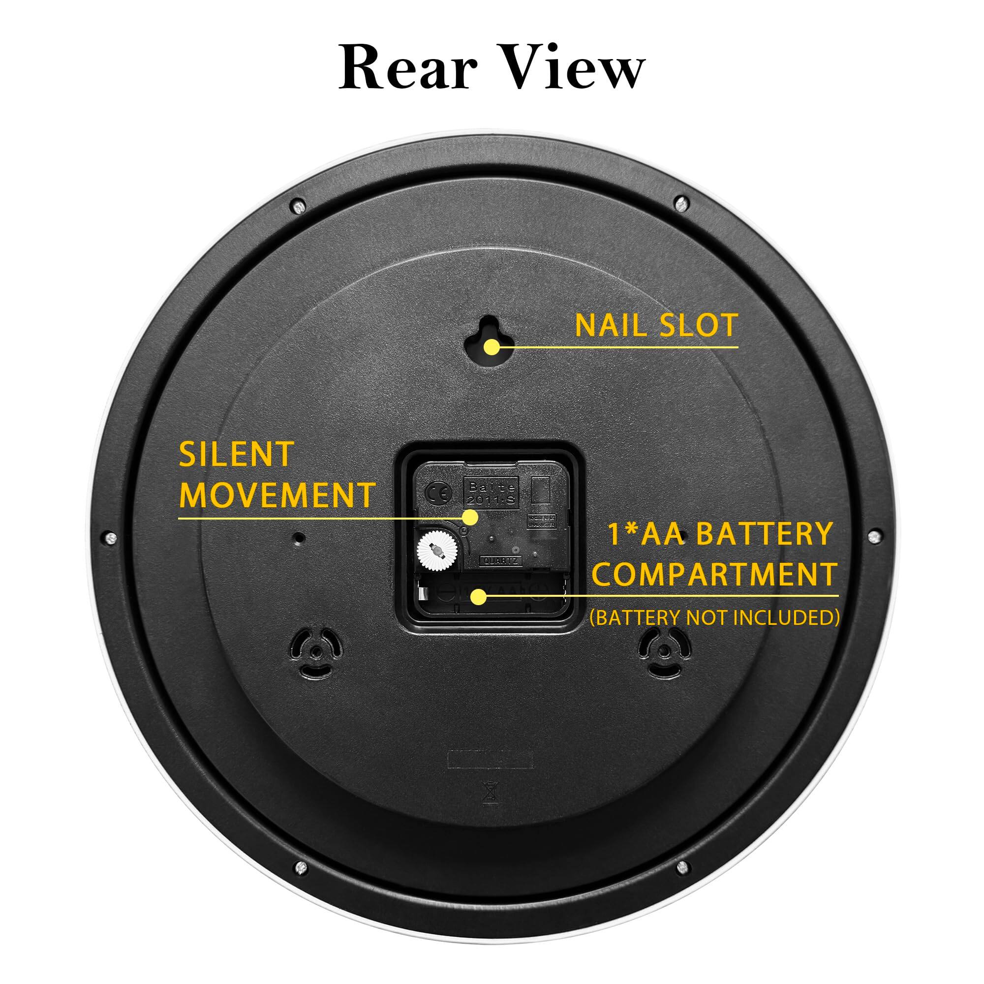 Rear View

- NAIL SLOT
- SILENT MOVEMENT
- 1*AA BATTERY COMPARTMENT (BATTERY NOT INCLUDED)