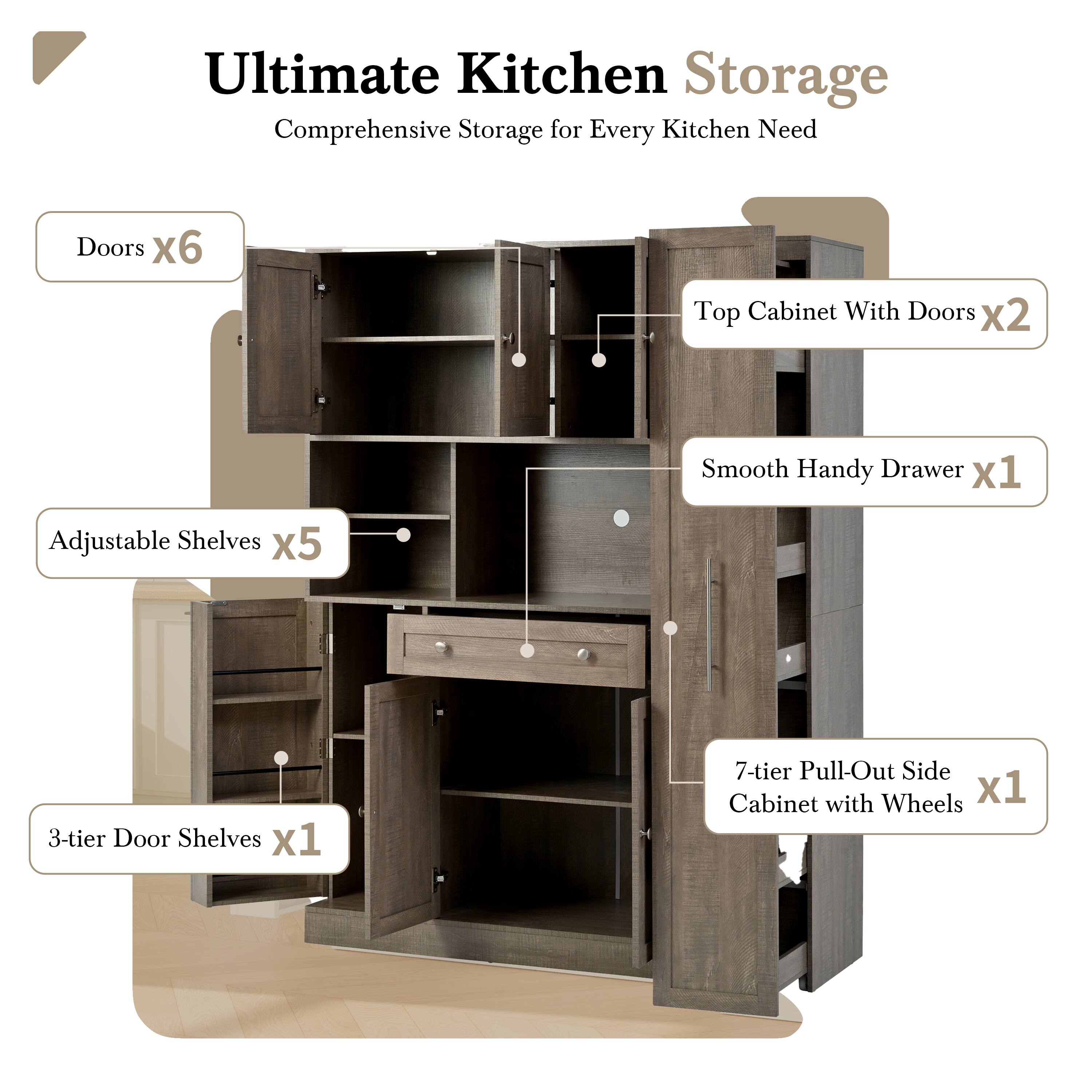 Ultimate Kitchen Storage  
Comprehensive Storage for Every Kitchen Need  

- Doors x6  
- Top Cabinet With Doors x2  
- Smooth Handy Drawer x1  
- Adjustable Shelves x5  
- 3-tier Door Shelves x1  
- 7-tier Pull-Out Side Cabinet with Wheels x1