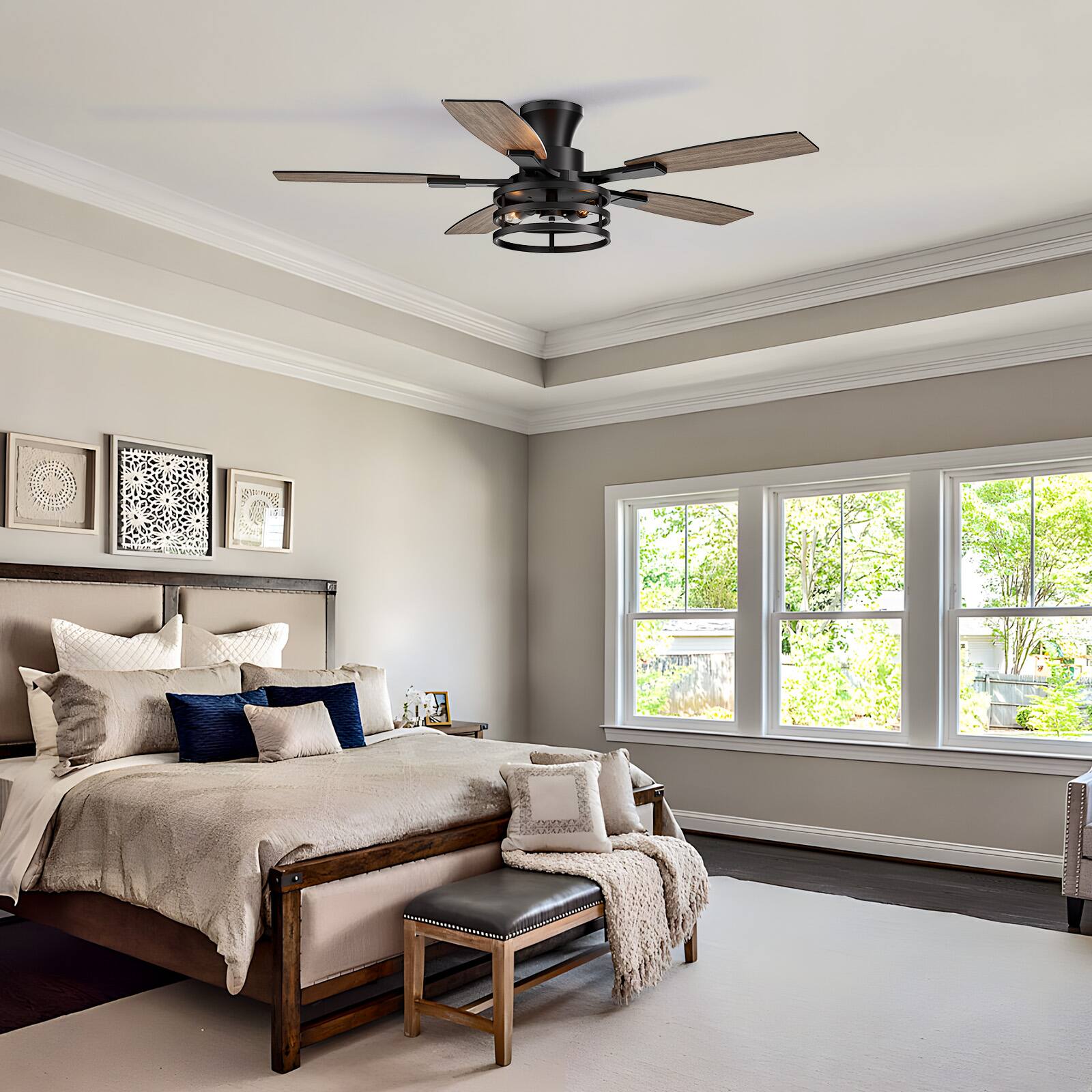 Alt View 10. Siljoy - 52 Inch Farmhouse Flush Mount Ceiling Fan with Lights Dual Blades Remote Included 5 Blades for Patio Bedroom Living Room - Black.