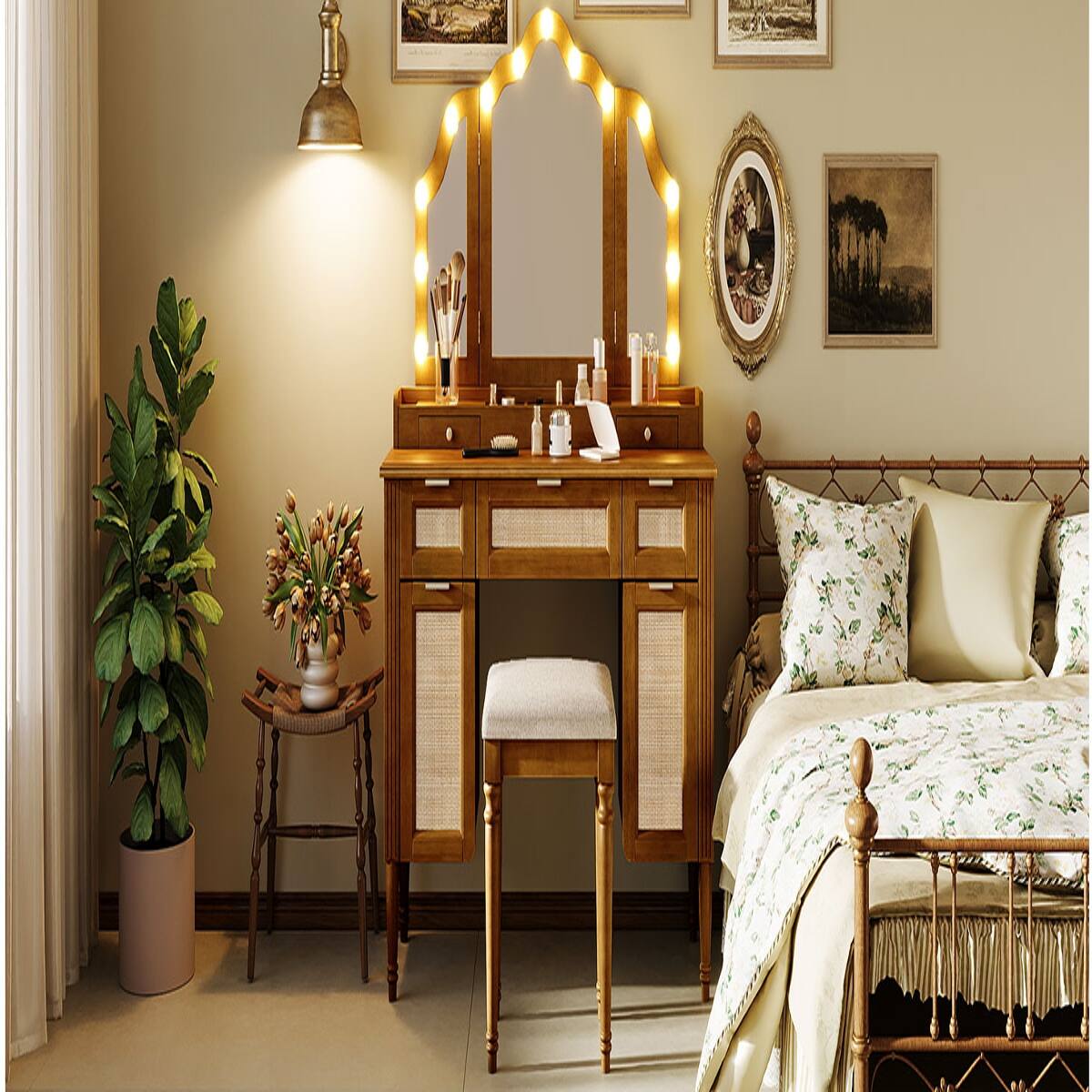 Alt View 8. Loheer - Loheer Makeup Vanity Desk with Stool, Espresso Tri-Fold Mirror and 13 Bulb Hollywood Lighting - Espresso.