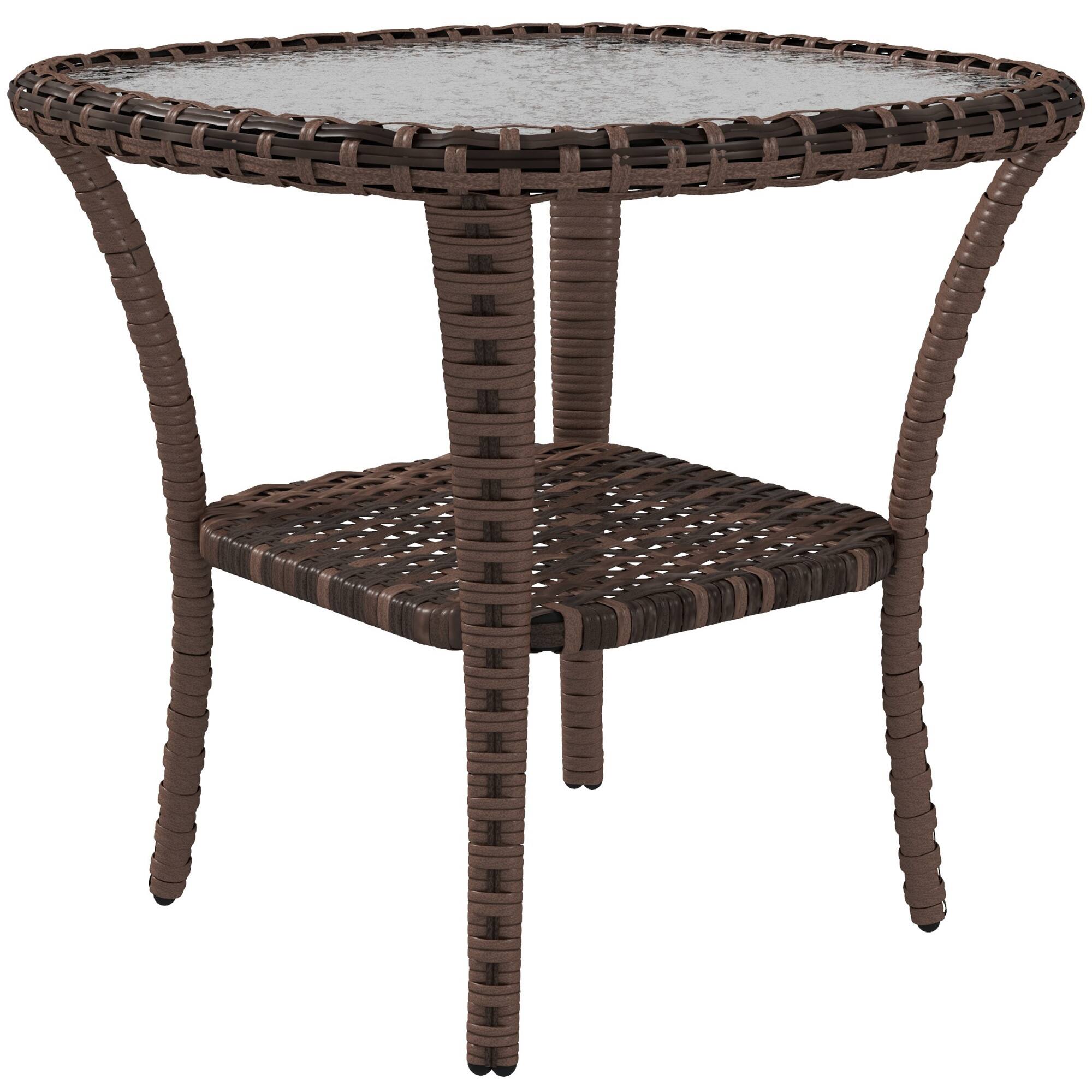 Front. Outsunny - Rattan Coffee Table with Storage Shelf, Wicker Side Table with Glass Top, Outdoor End Table for Garden, Porch, Backyard - Mixed-brown.