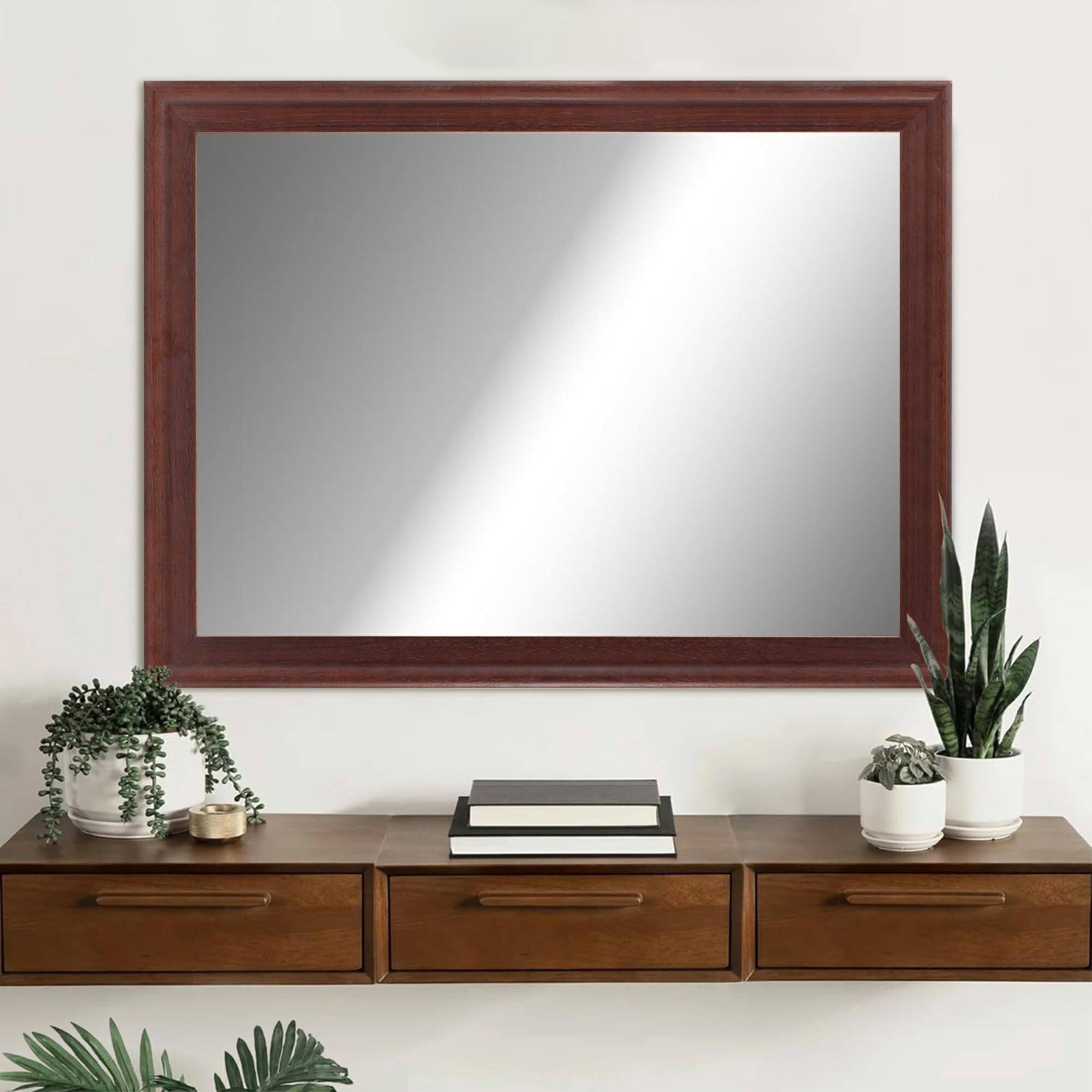 Back. HM 1810 - Rustic Wood Wall Mirror For Bathroom Rectangle Hanging Vanity Mirrors With Wooden Frame Living Room Bedroom - White 40"L x 30"W.