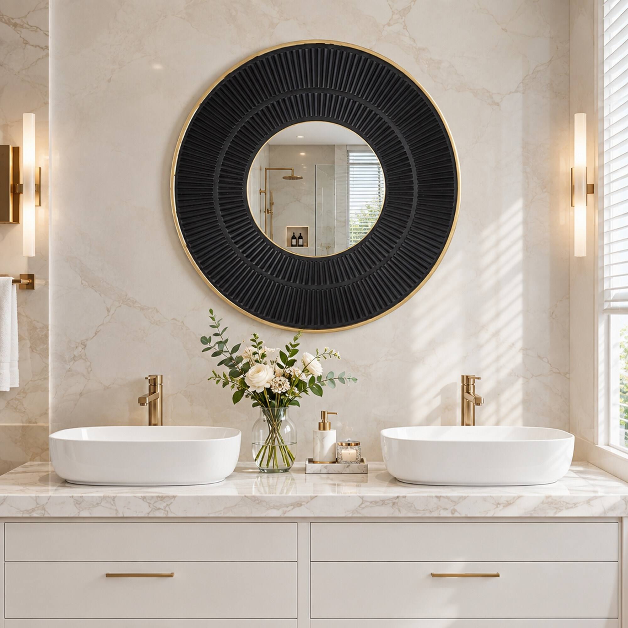 RYHNUYNE 31.5 in Round Wall Mirror, Gold Iron Frame, Carved MDF Base ...