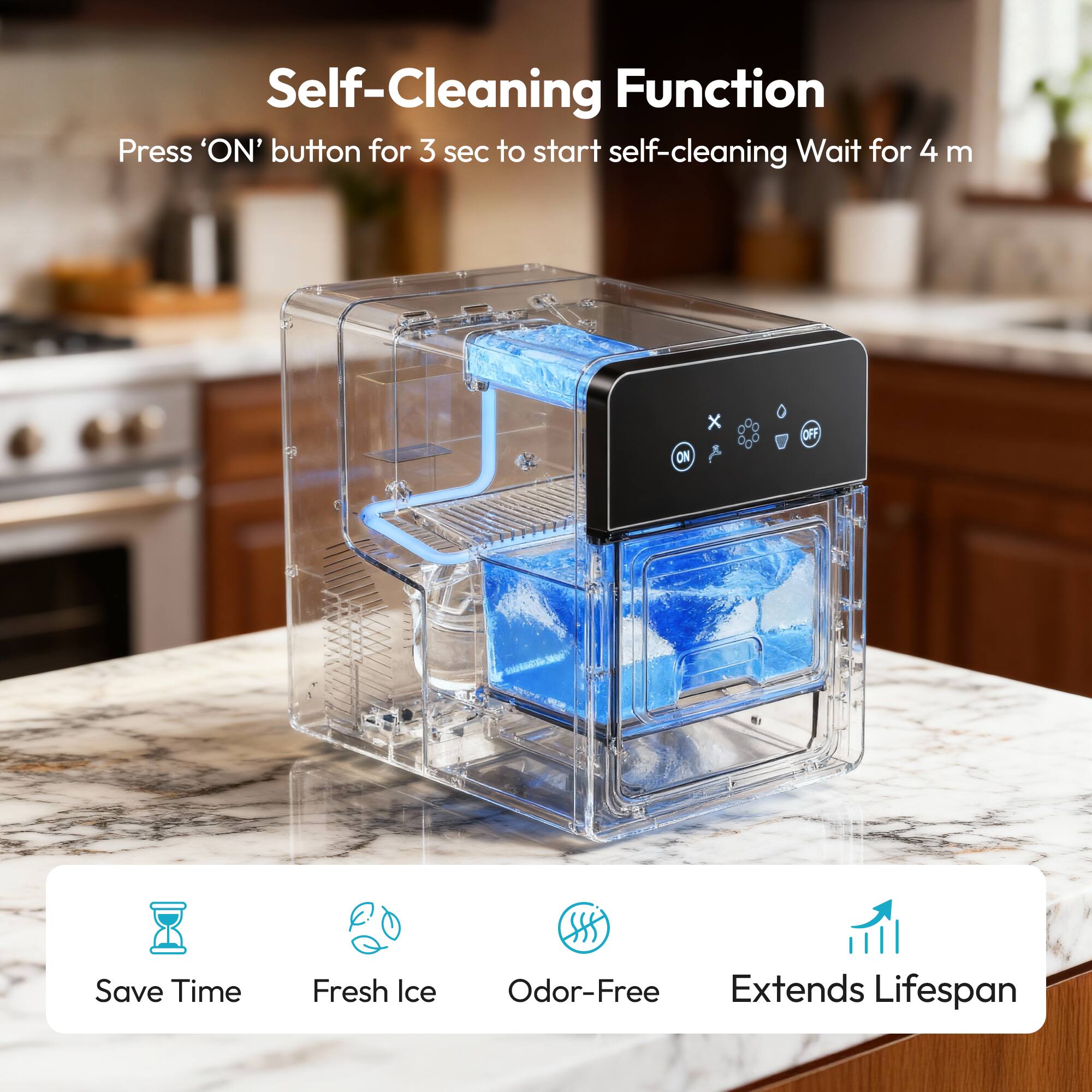 Self-Cleaning Function

Press 'ON' button for 3 sec to start self-cleaning. Wait for 4 m

Save Time  
Fresh Ice  
Odor-Free  
Extends Lifespan