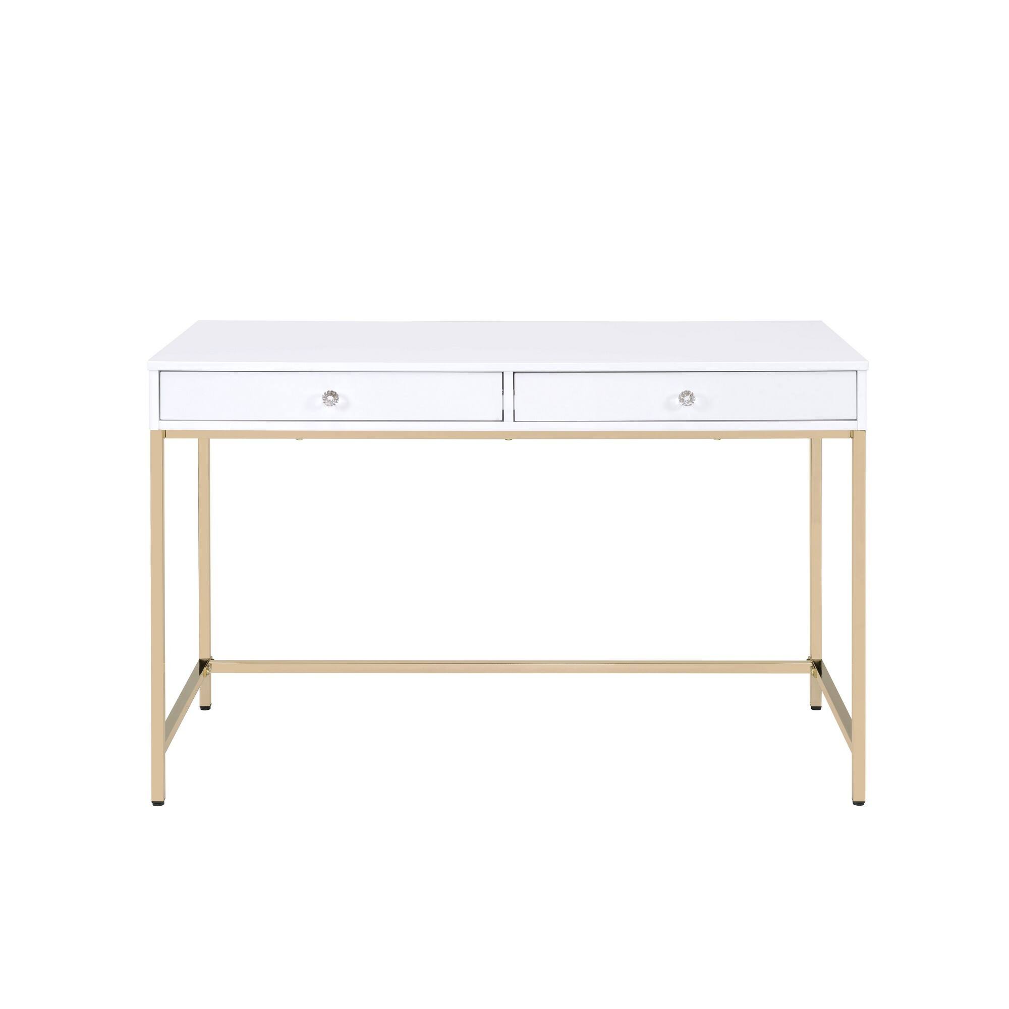Angle. Manhattan Lane - Two Drawers Wooden Desk with Tubular Metal Base, White and Gold - White and Gold.