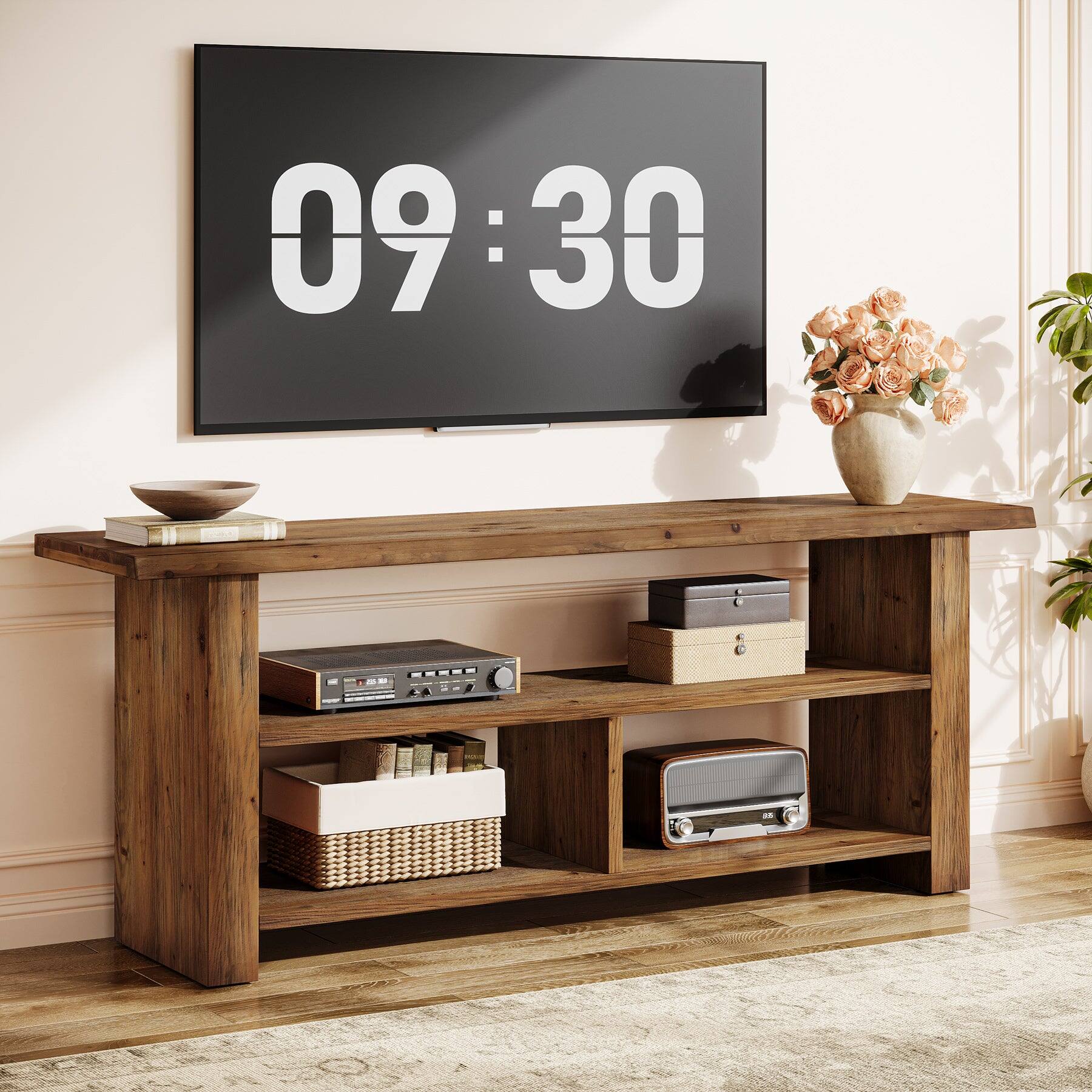 Front. Tribesigns - Office Media Console with Solid Wood Construction, for Media Equipment and Storage in Meeting Rooms and Reception Areas - Brown.