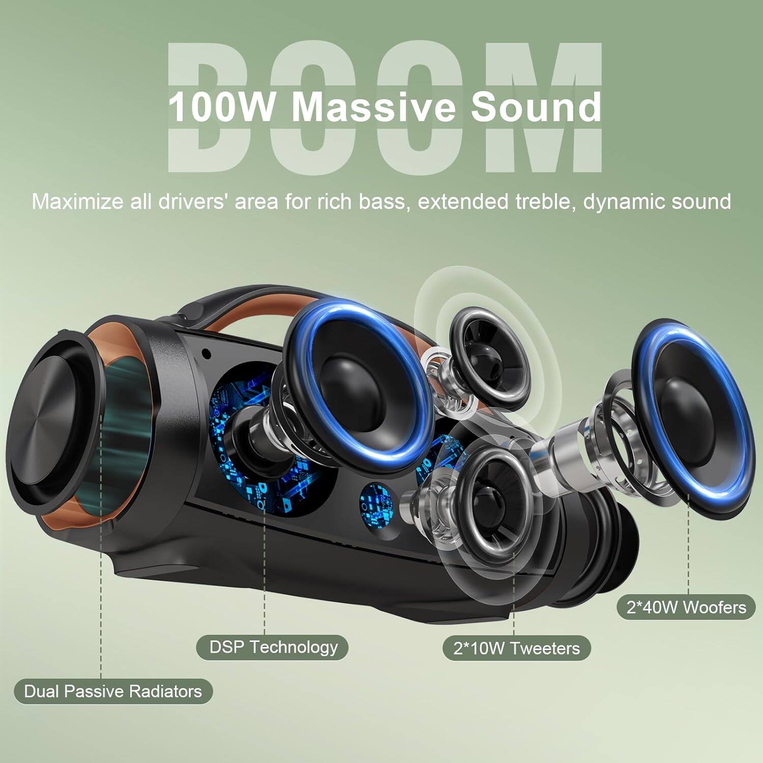 300M 100W Massive Sound  
Maximize all drivers' area for rich bass, extended treble, dynamic sound  
2*40W Woofers  
DSP Technology  
2*10W Tweeters  
Dual Passive Radiators