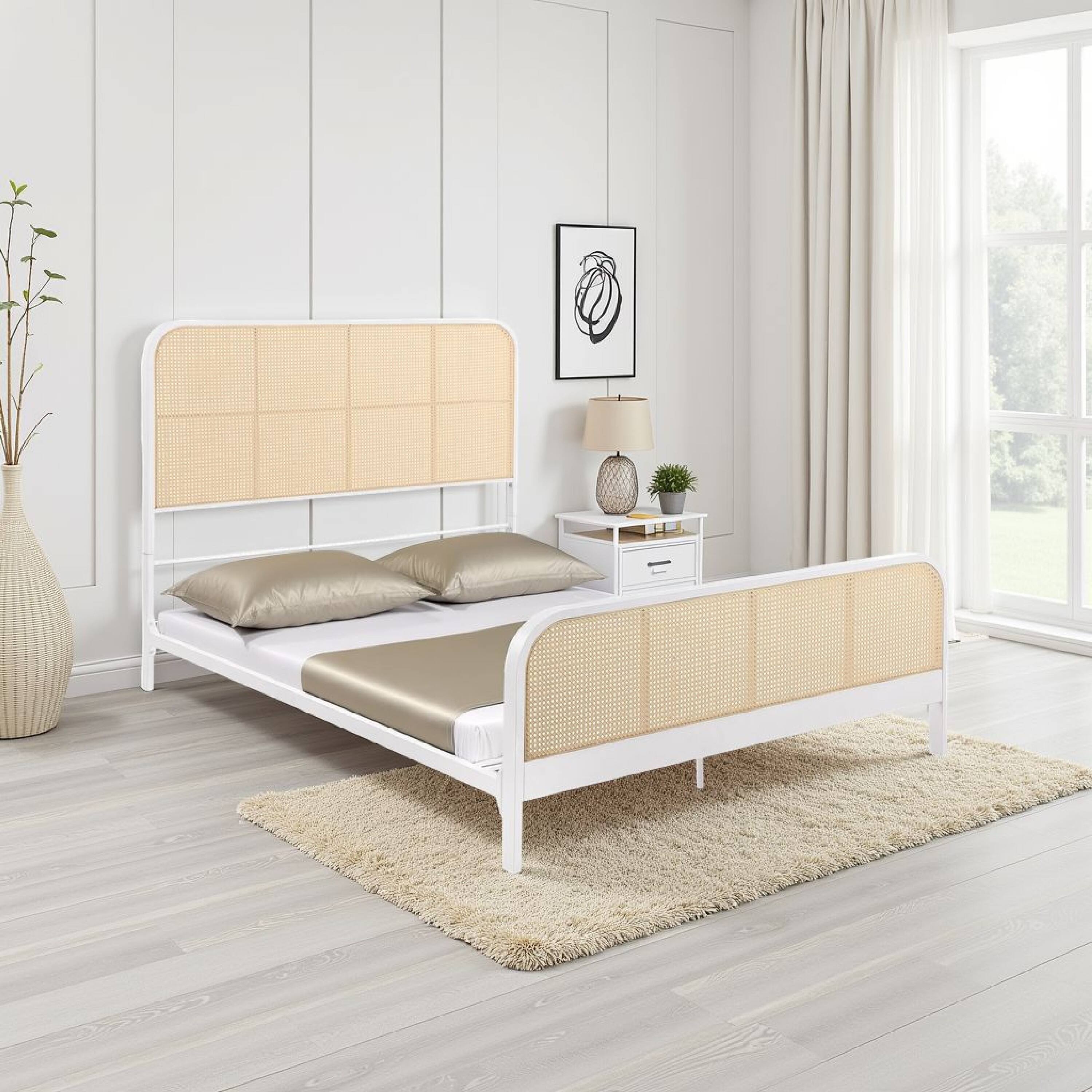 Alt View 5. Manhattan Lane - Lanie Queen Bed with Brown Open Cane Webbing Faux Rattan, White Metal - White, Brown.